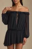 Off-Shoulder Asymmetric Balloon-Sleeve Mini Dress in Black sold by Oh Polly