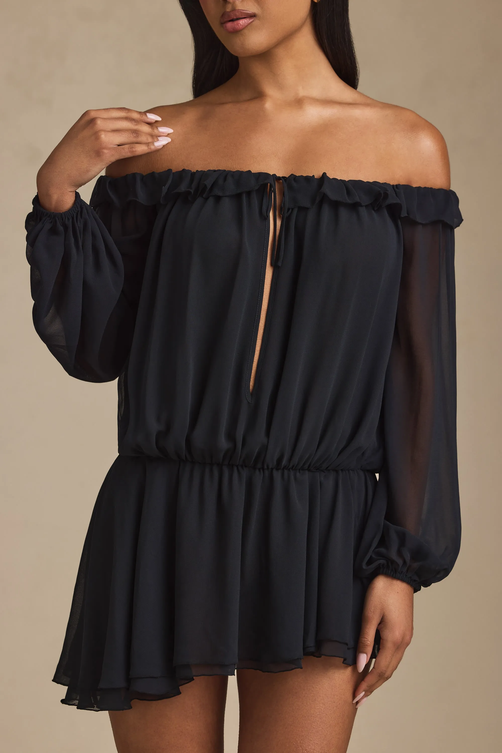 Off-Shoulder Asymmetric Balloon-Sleeve Mini Dress in Black sold by Oh Polly product image thumbnail 2