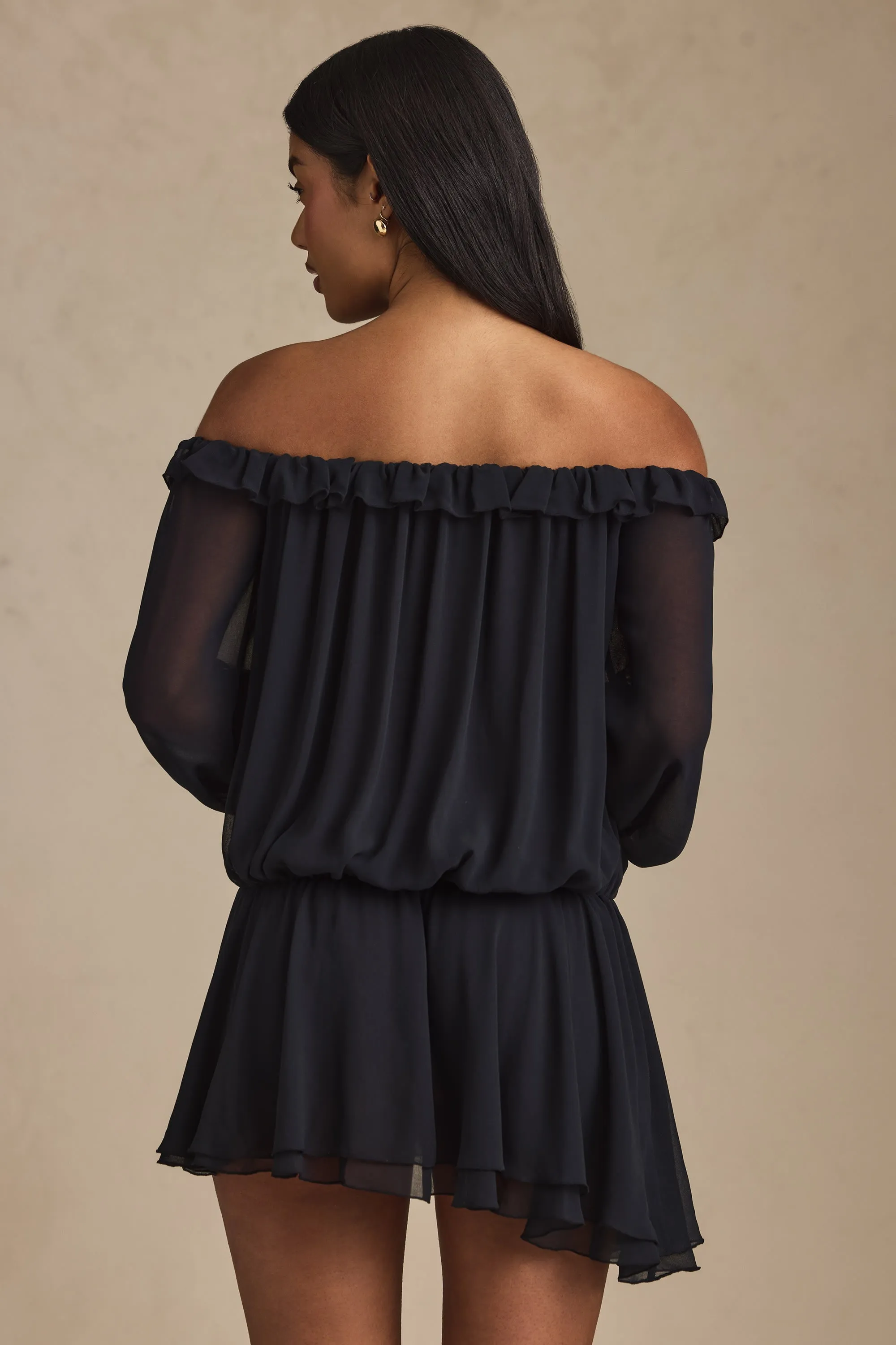 Off-Shoulder Asymmetric Balloon-Sleeve Mini Dress in Black sold by Oh Polly product image thumbnail 3