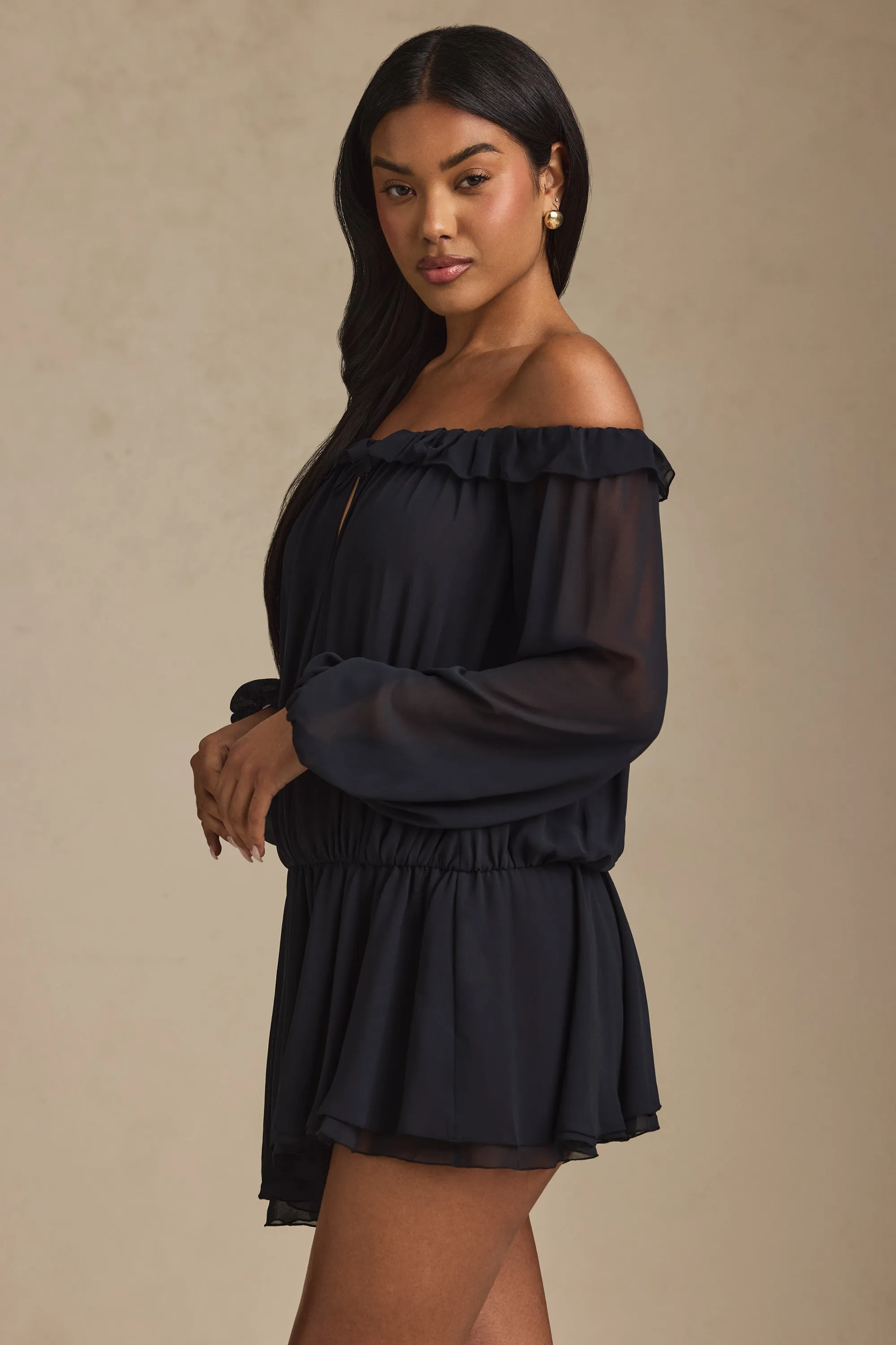Off-Shoulder Asymmetric Balloon-Sleeve Mini Dress in Black sold by Oh Polly product image thumbnail 5