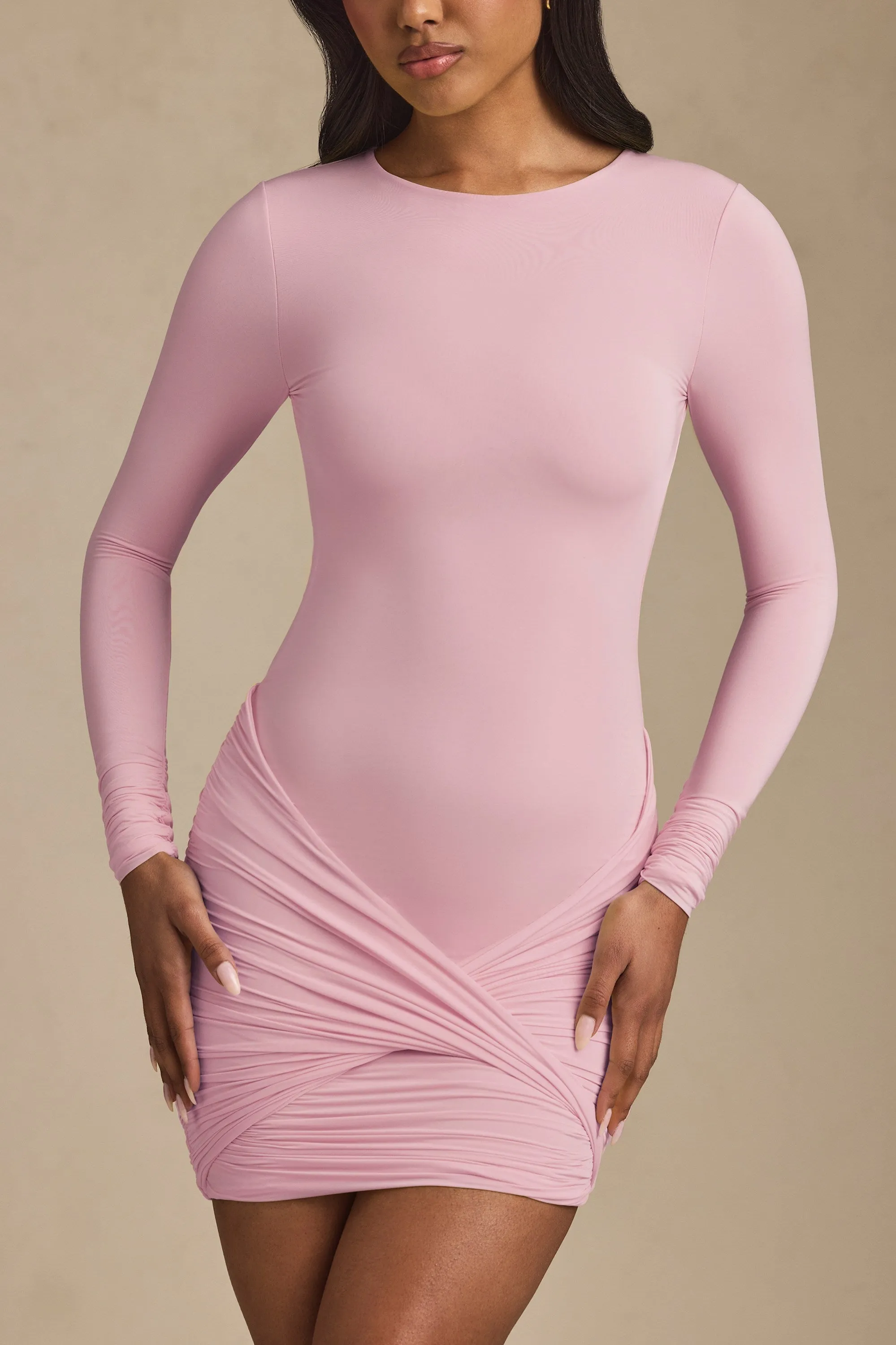 Modal Twist-Front Ruched Backless Mini Dress in Soft Pink sold by Oh Polly product image thumbnail 2