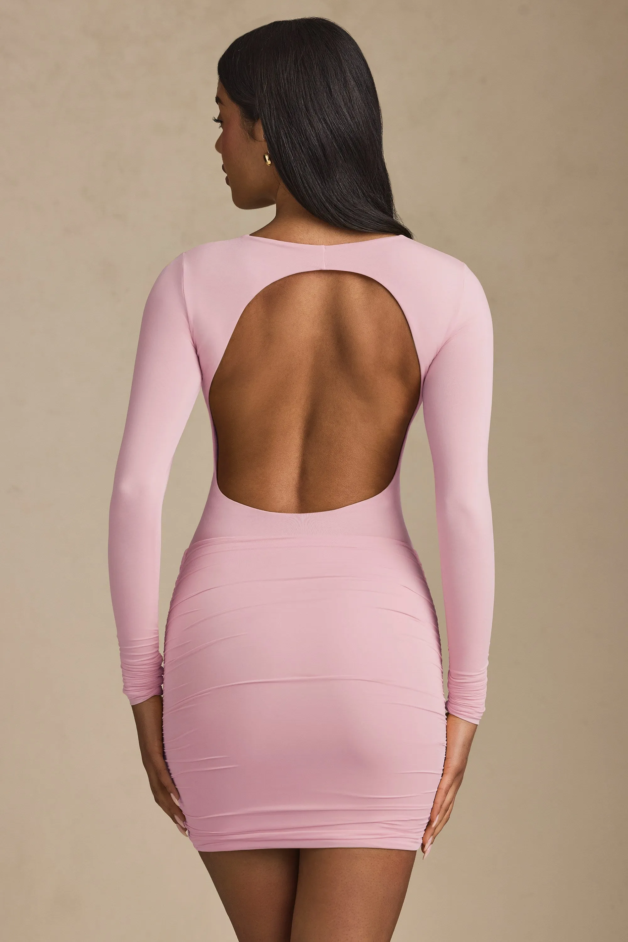 Modal Twist-Front Ruched Backless Mini Dress in Soft Pink sold by Oh Polly product image thumbnail 5