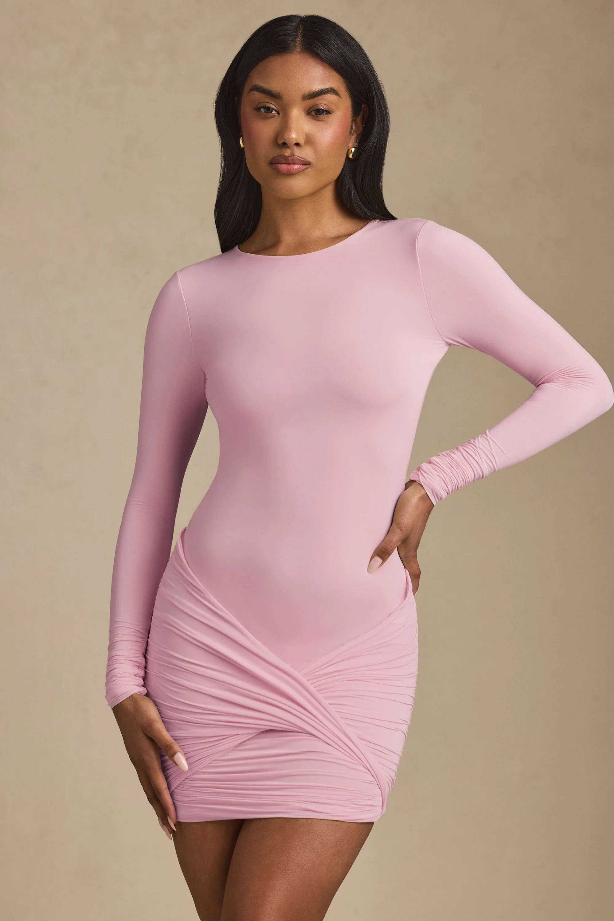 Modal Twist-Front Ruched Backless Mini Dress in Soft Pink sold by Oh Polly product image thumbnail 4
