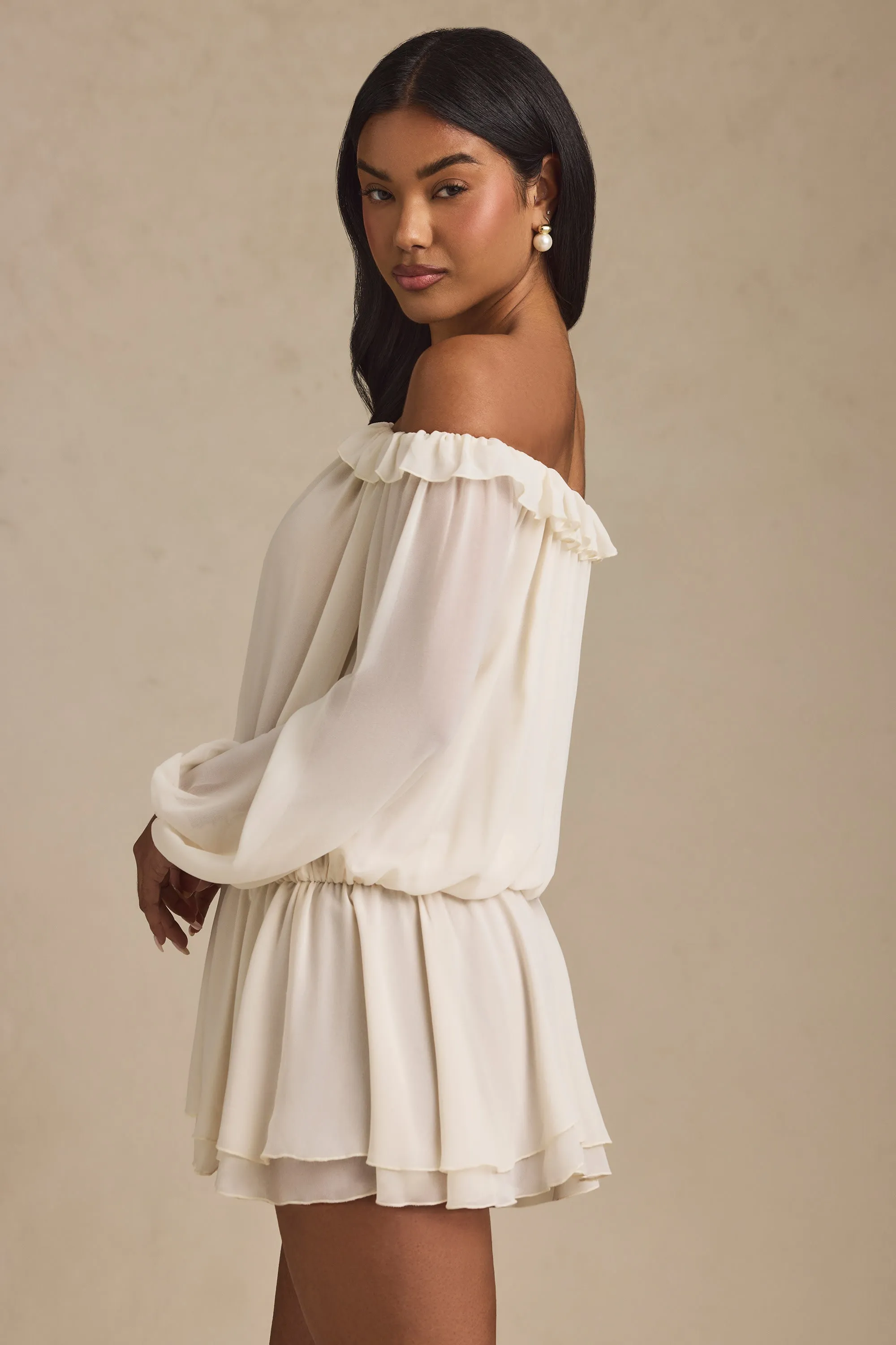 Off-Shoulder Asymmetric Balloon-Sleeve Mini Dress in Ivory sold by Oh Polly product image thumbnail 5