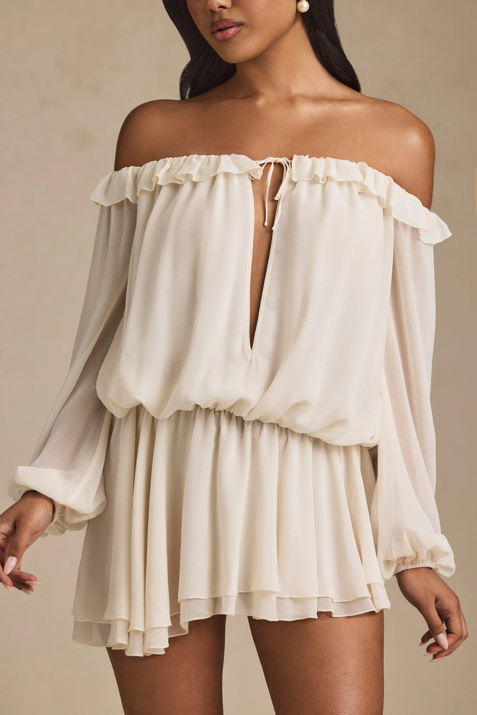 Off-Shoulder Asymmetric Balloon-Sleeve Mini Dress in Ivory sold by Oh Polly product image thumbnail 2