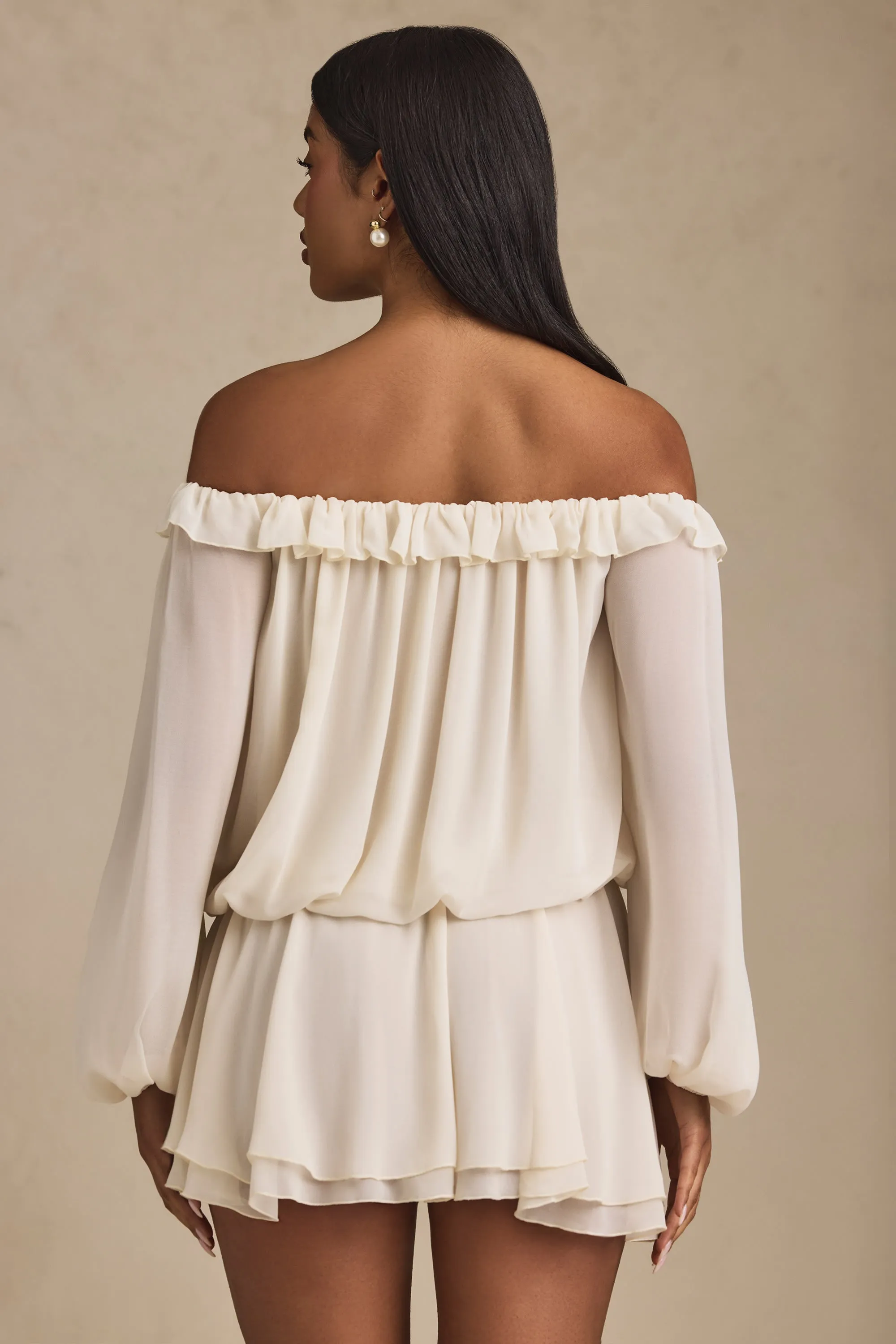 Off-Shoulder Asymmetric Balloon-Sleeve Mini Dress in Ivory sold by Oh Polly product image thumbnail 3