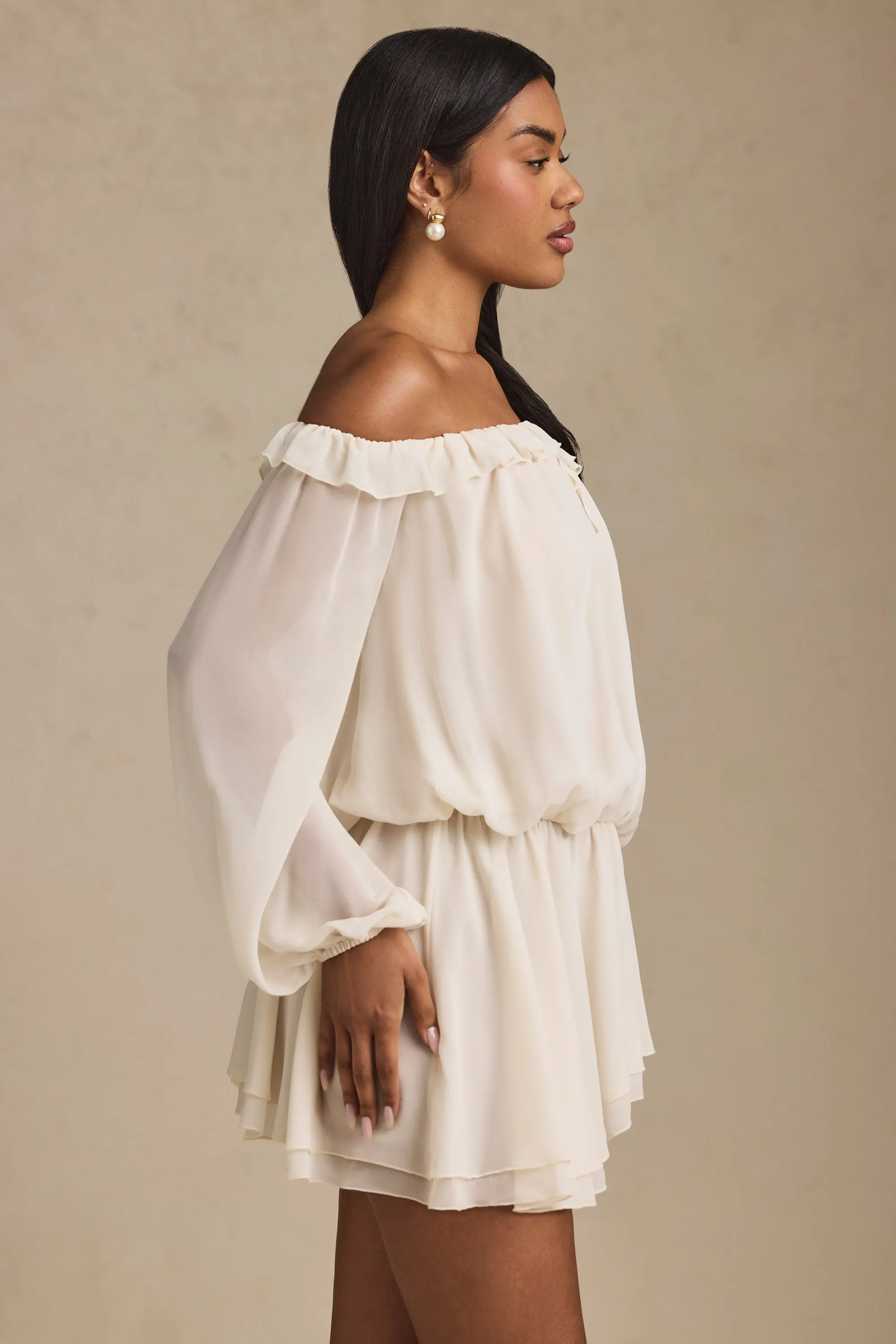Off-Shoulder Asymmetric Balloon-Sleeve Mini Dress in Ivory sold by Oh Polly product image thumbnail 4