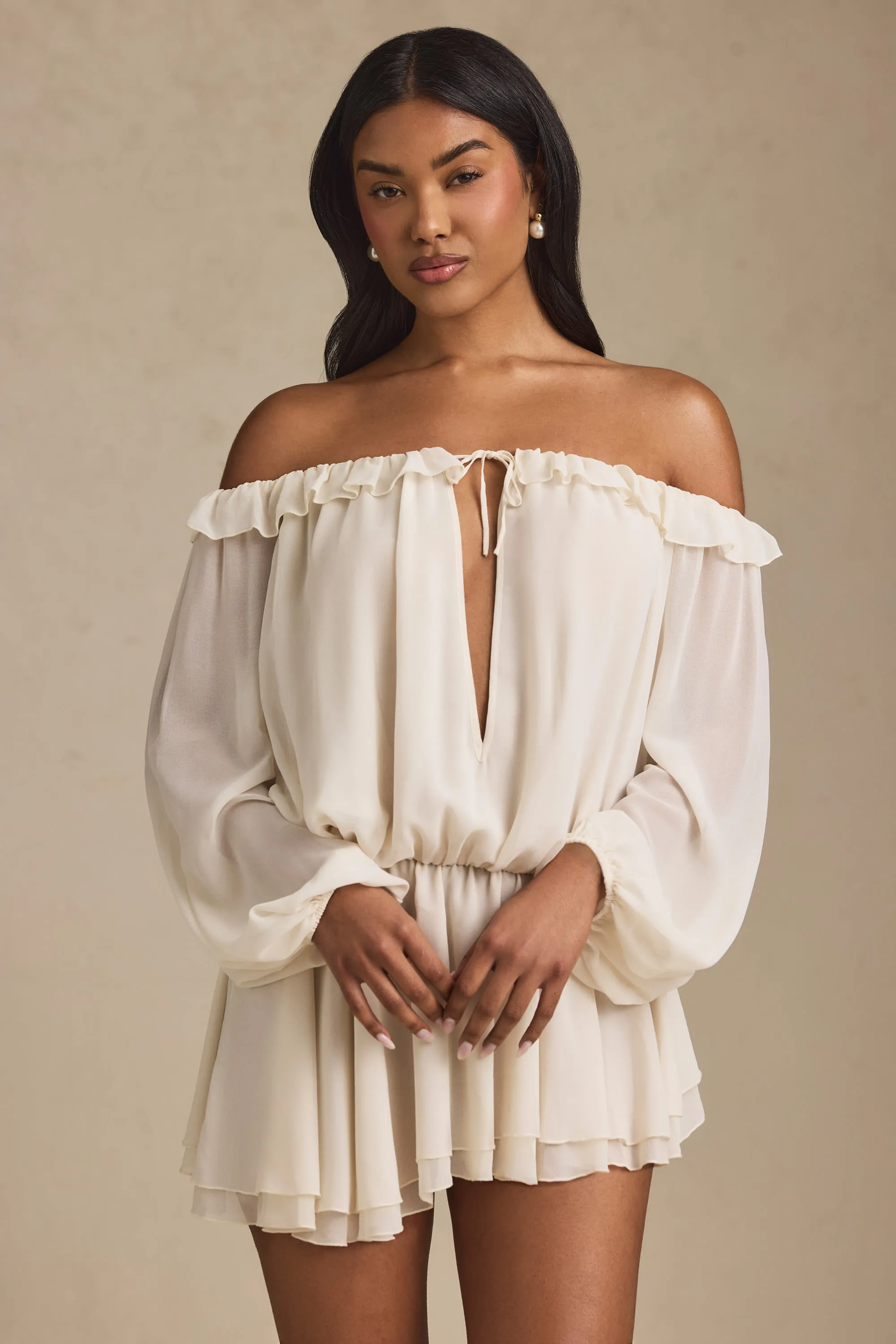 Off-Shoulder Asymmetric Balloon-Sleeve Mini Dress in Ivory sold by Oh Polly