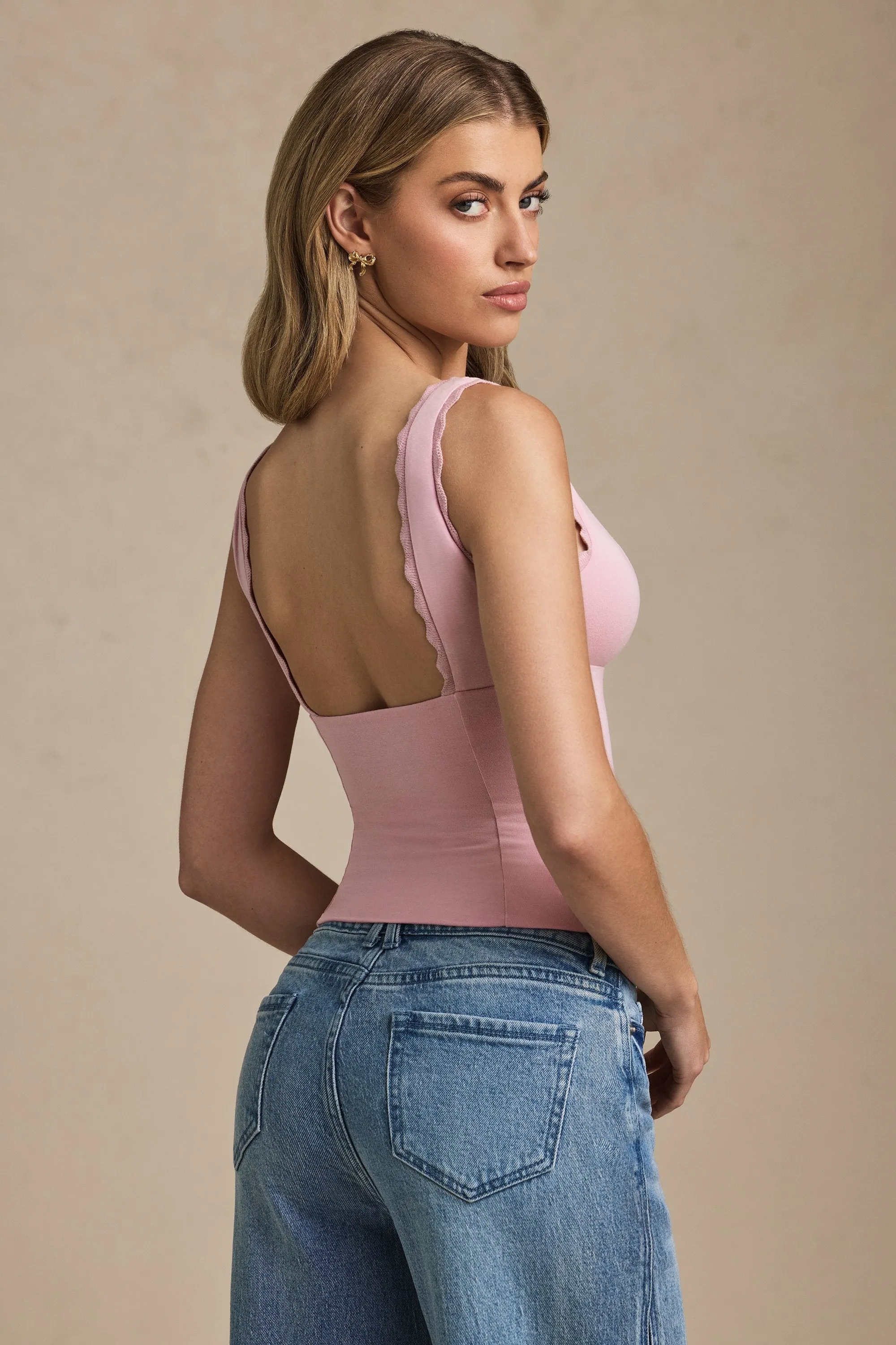 Plunge-Neck Scallop-Trim Tank Top in Soft Pink sold by Oh Polly product image thumbnail 5