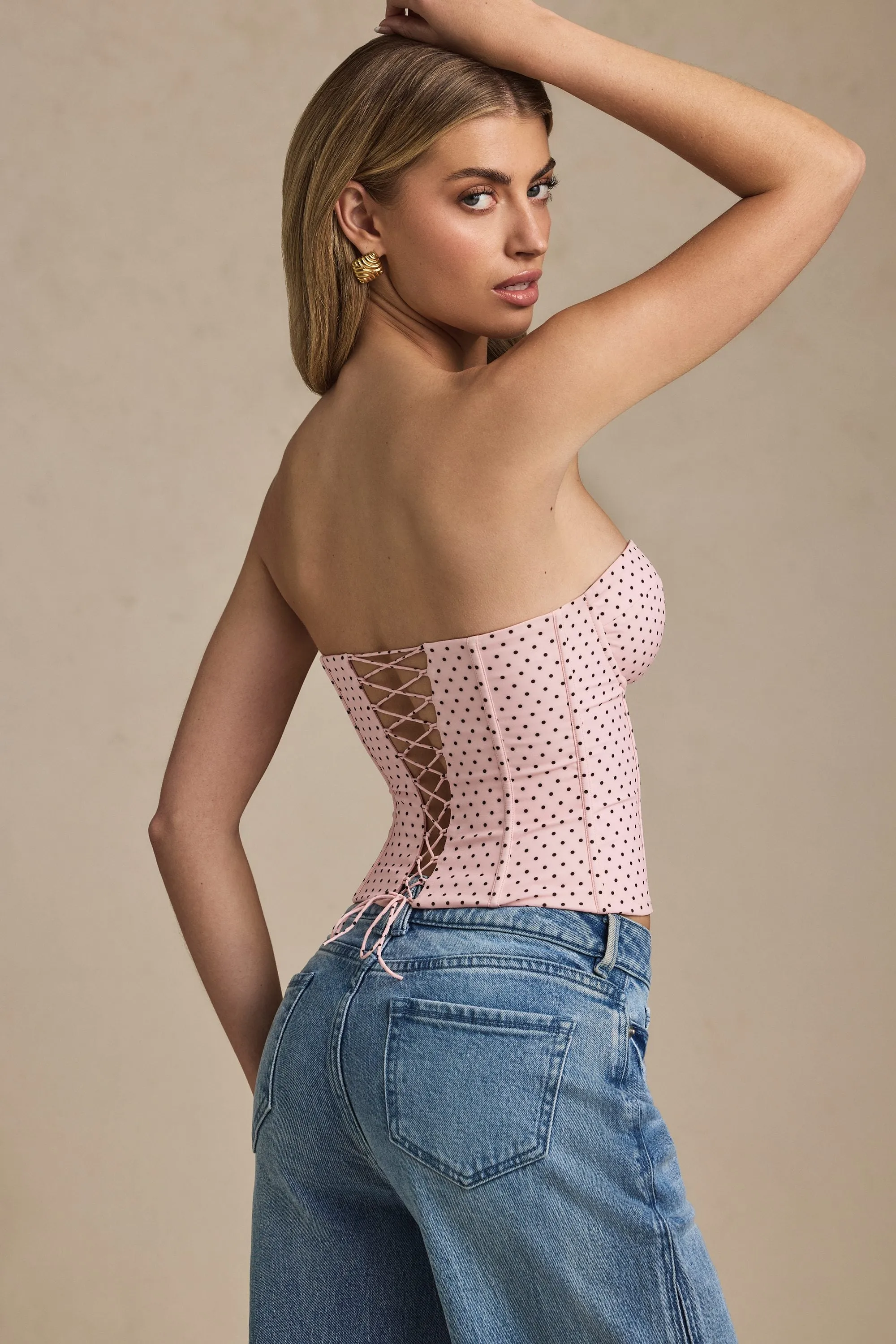 Lace-Up Strapless Corset Top in Pink Polka Dot sold by Oh Polly product image thumbnail 2