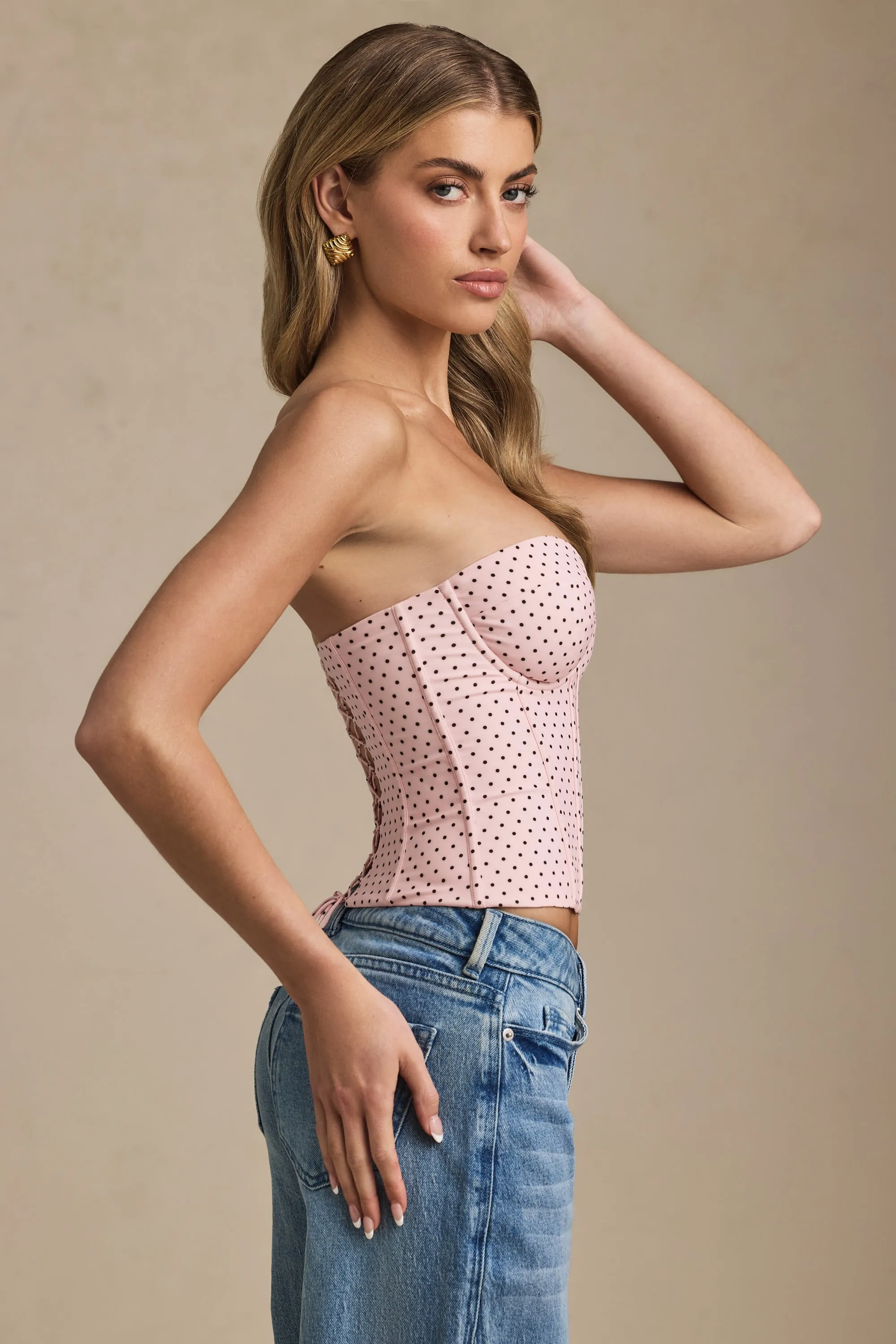 Lace-Up Strapless Corset Top in Pink Polka Dot sold by Oh Polly product image thumbnail 5