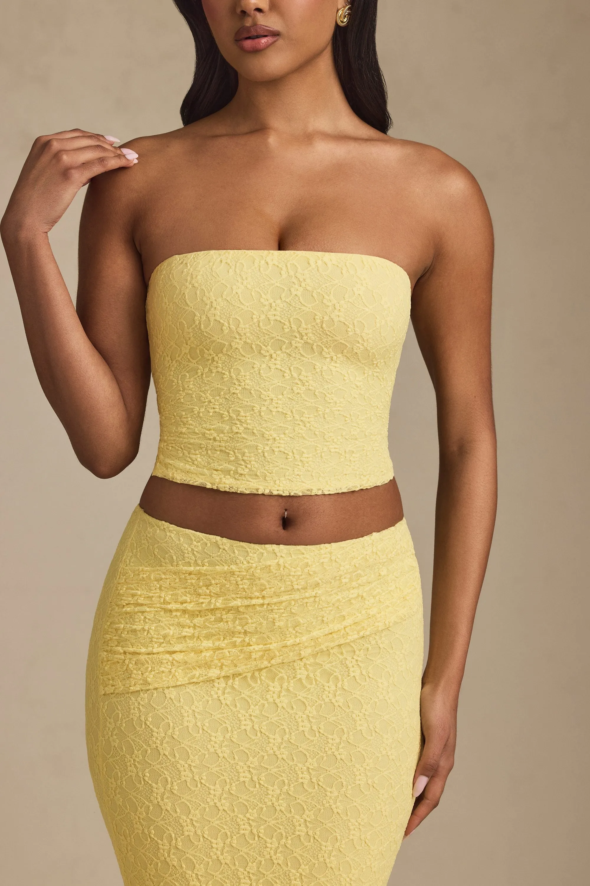 Ruched Strapless Lace Top in Pastel Yellow sold by Oh Polly product image thumbnail 2