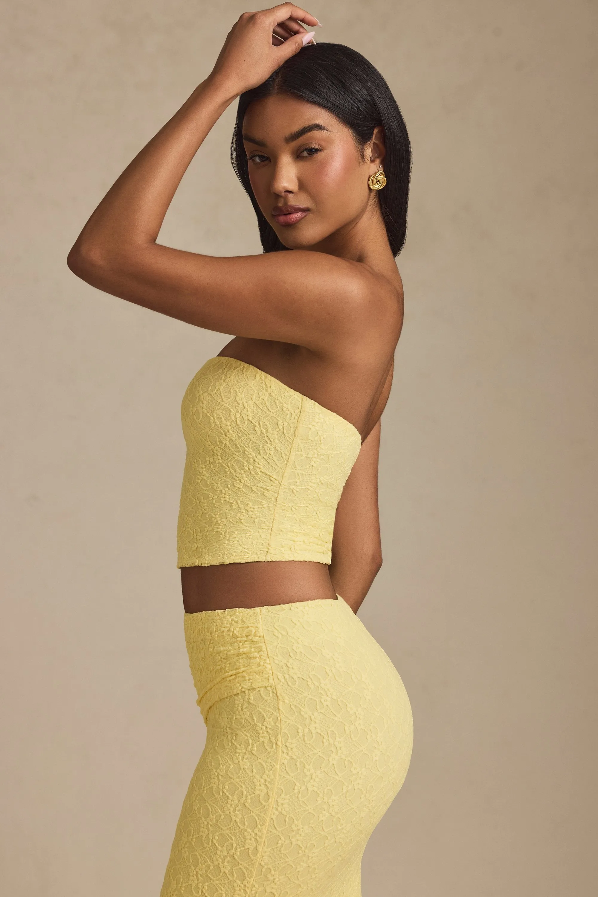 Ruched Strapless Lace Top in Pastel Yellow sold by Oh Polly product image thumbnail 4