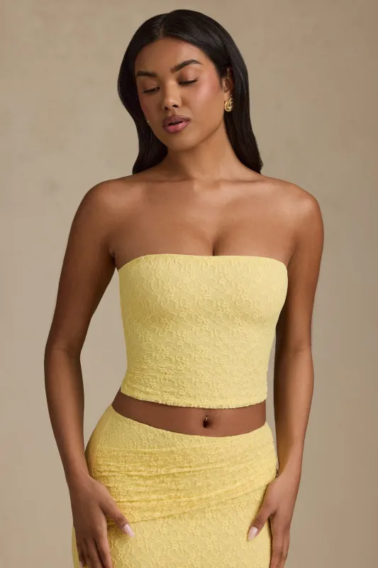 Ruched Strapless Lace Top in Pastel Yellow sold by Oh Polly