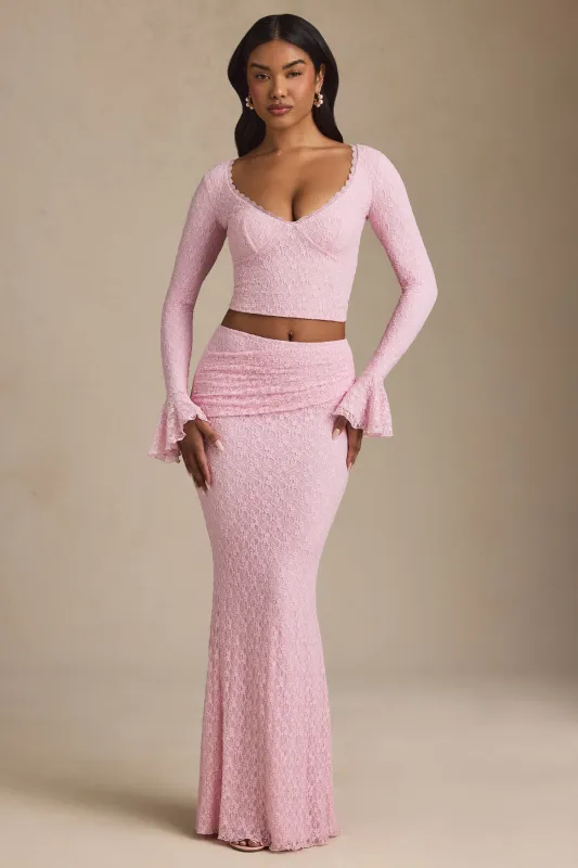 Draped Low-Rise Lace Maxi Skirt in Soft Pink sold by Oh Polly