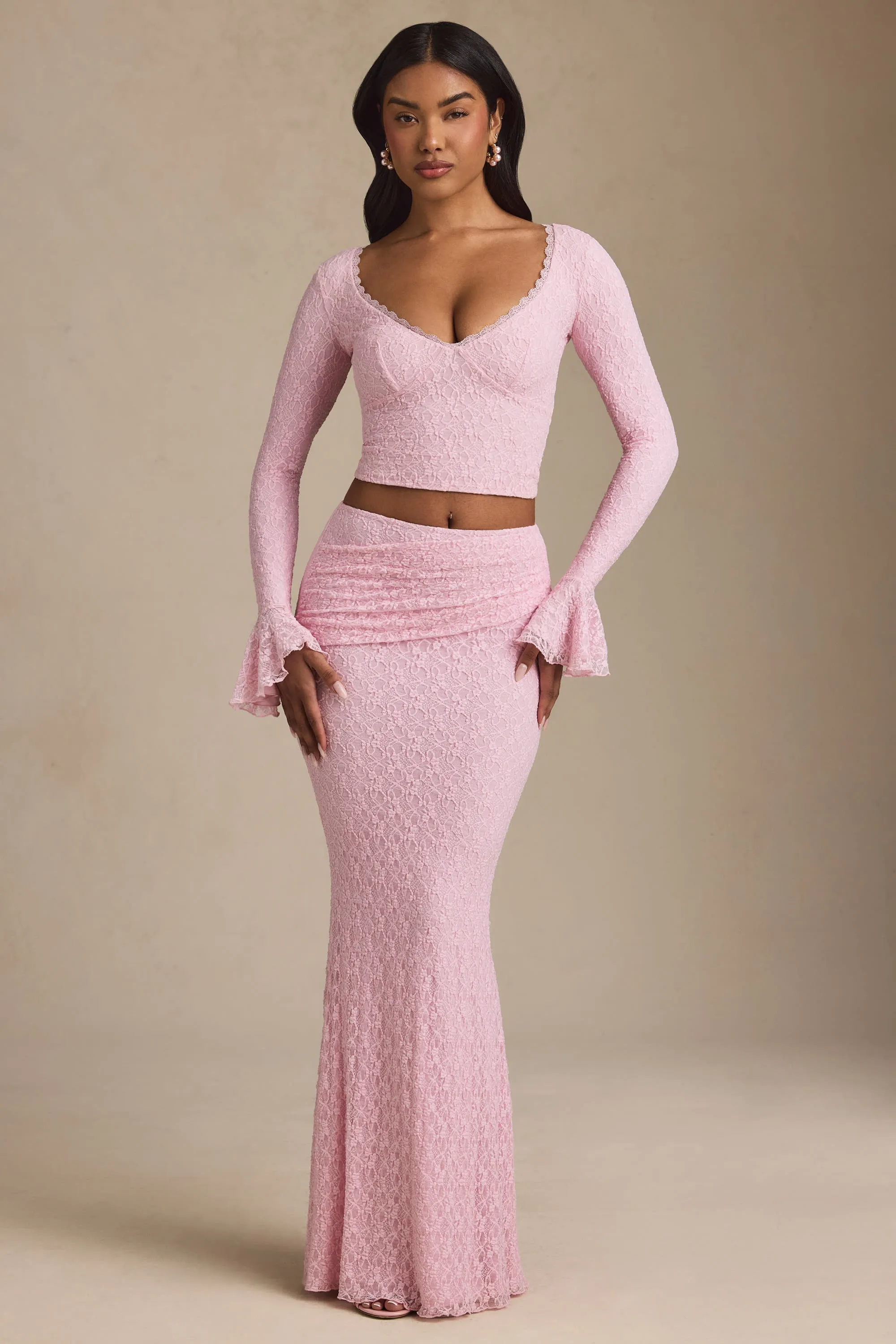 Draped Low-Rise Lace Maxi Skirt in Soft Pink sold by Oh Polly