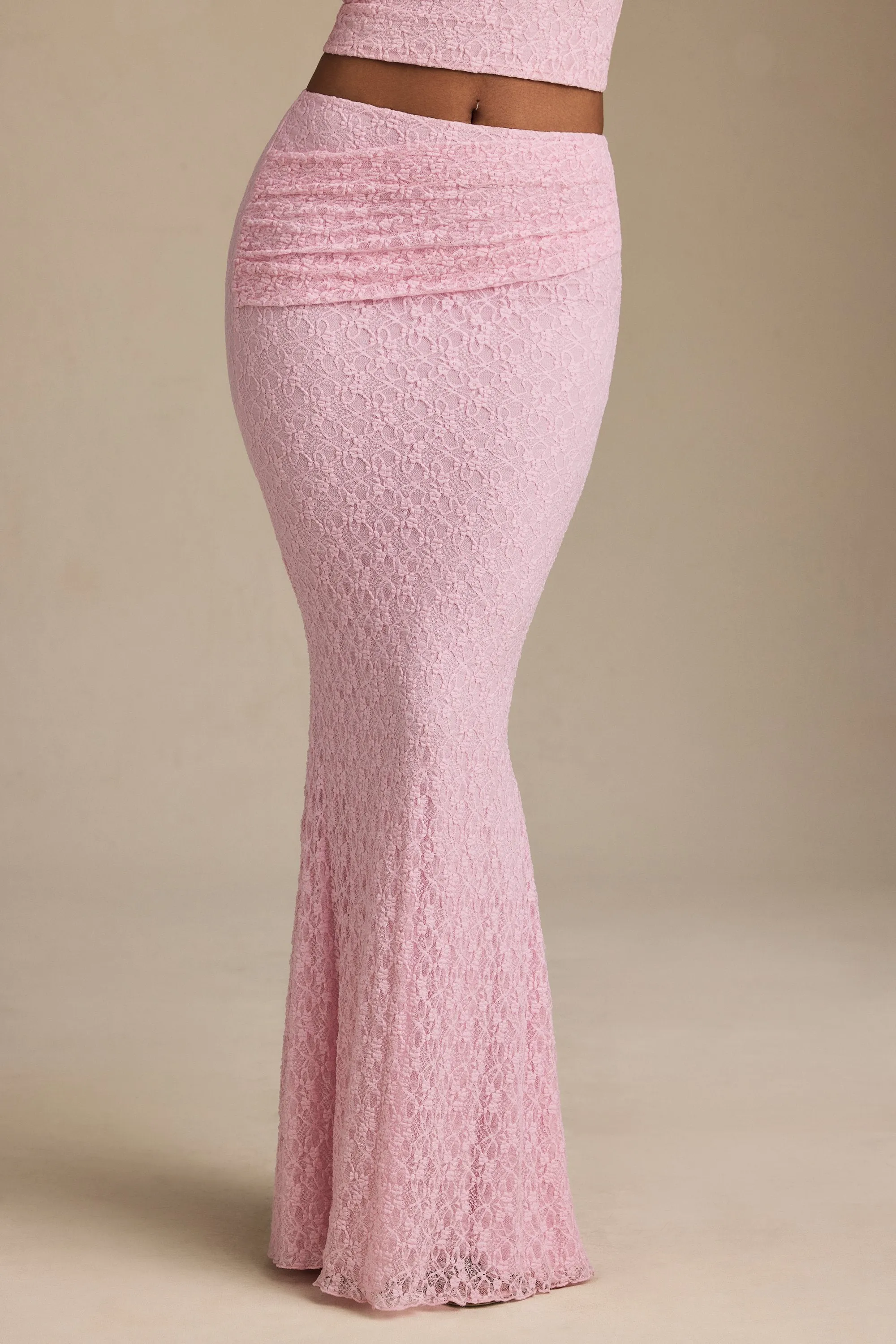Draped Low-Rise Lace Maxi Skirt in Soft Pink sold by Oh Polly product image thumbnail 4