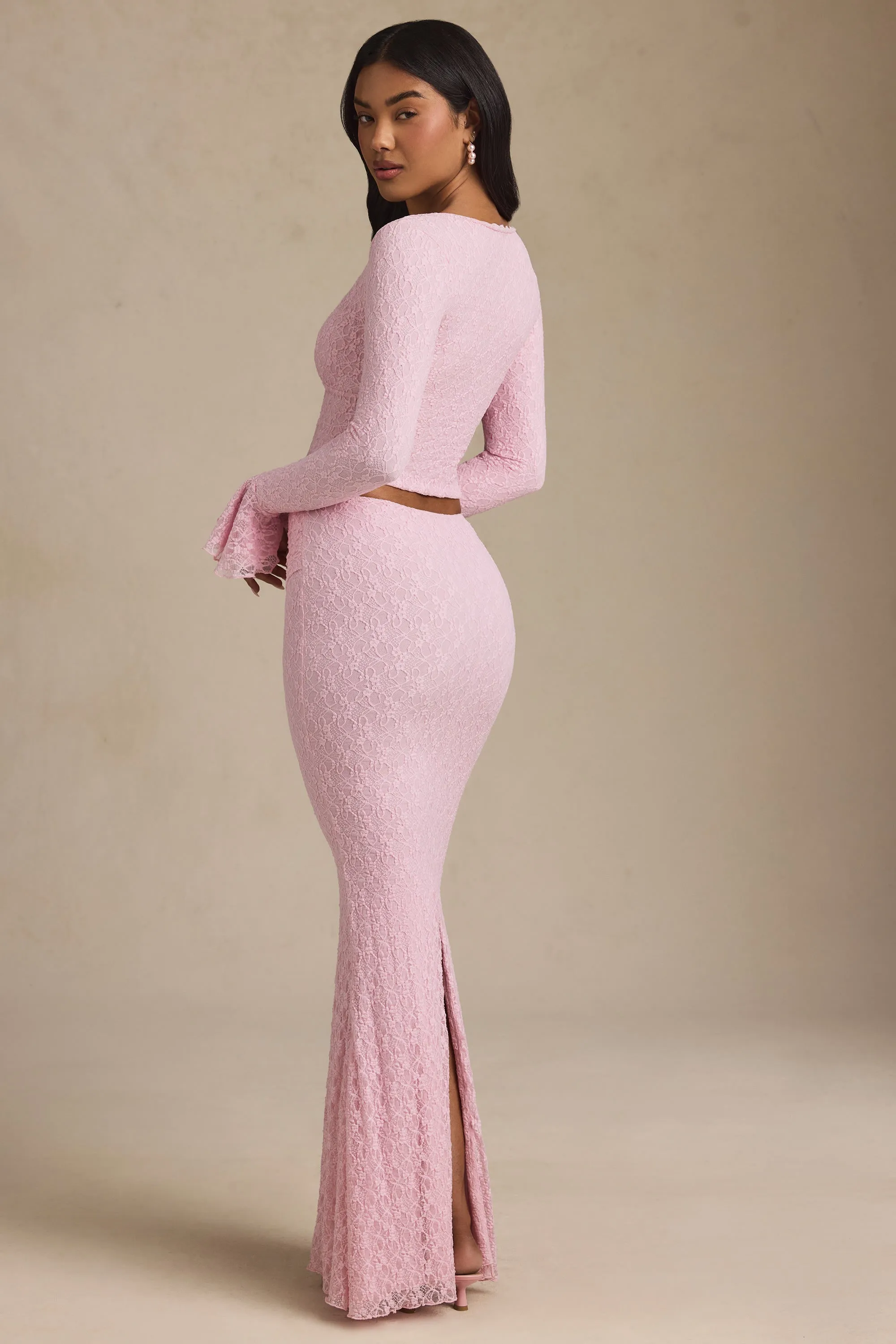 Draped Low-Rise Lace Maxi Skirt in Soft Pink sold by Oh Polly product image thumbnail 2