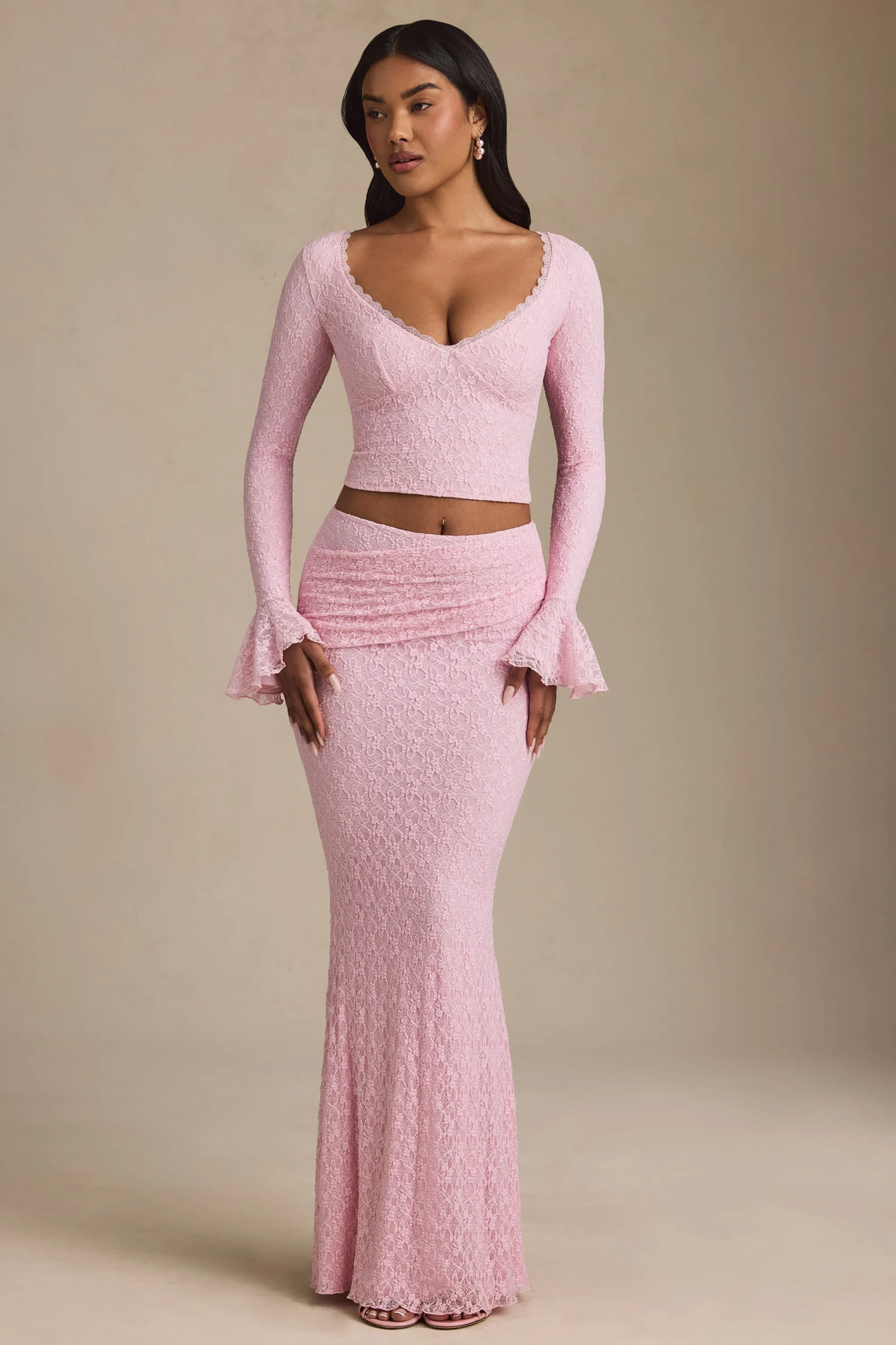 Draped Low-Rise Lace Maxi Skirt in Soft Pink sold by Oh Polly product image thumbnail 5