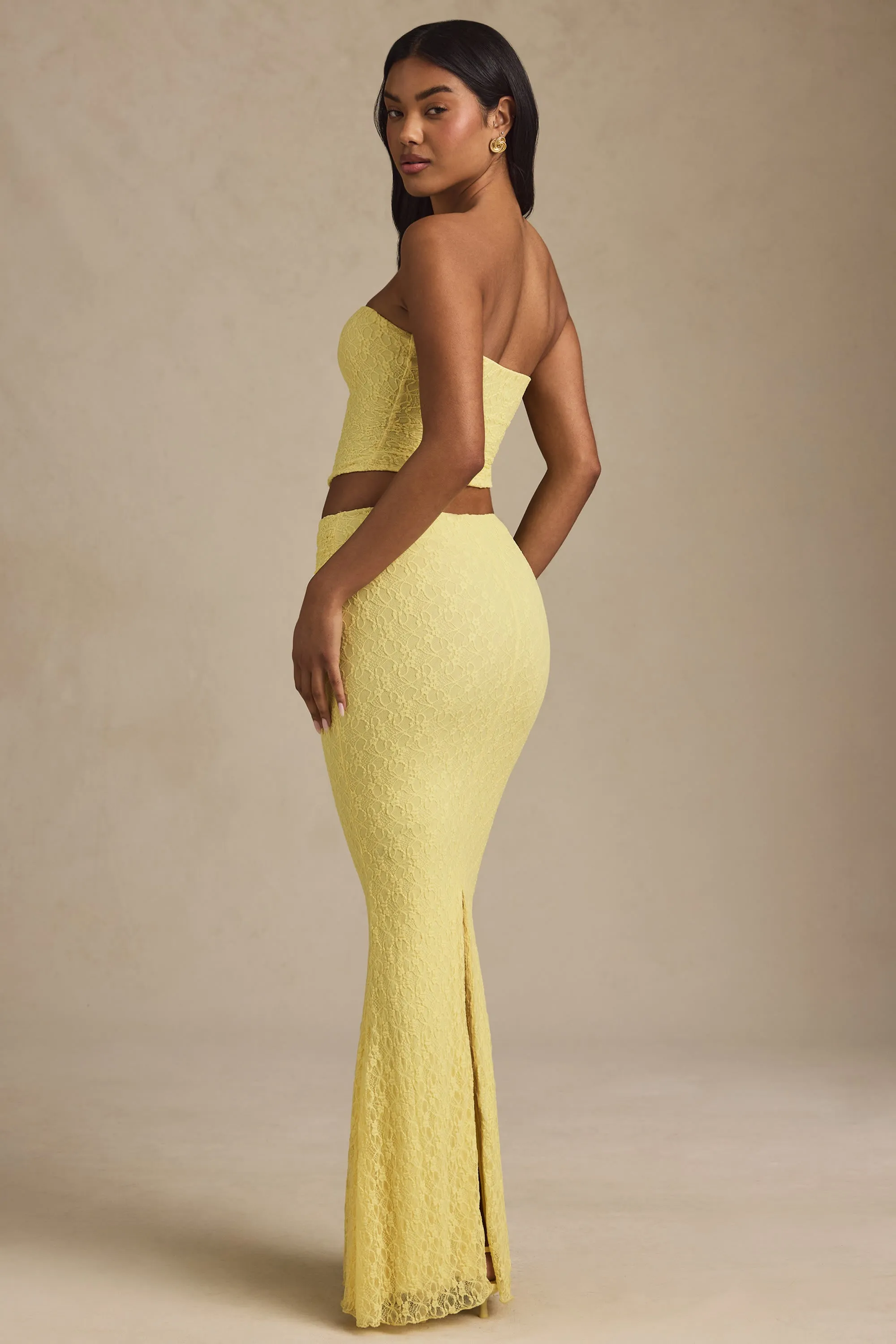 Draped Low-Rise Lace Maxi Skirt in Pastel Yellow sold by Oh Polly product image thumbnail 2