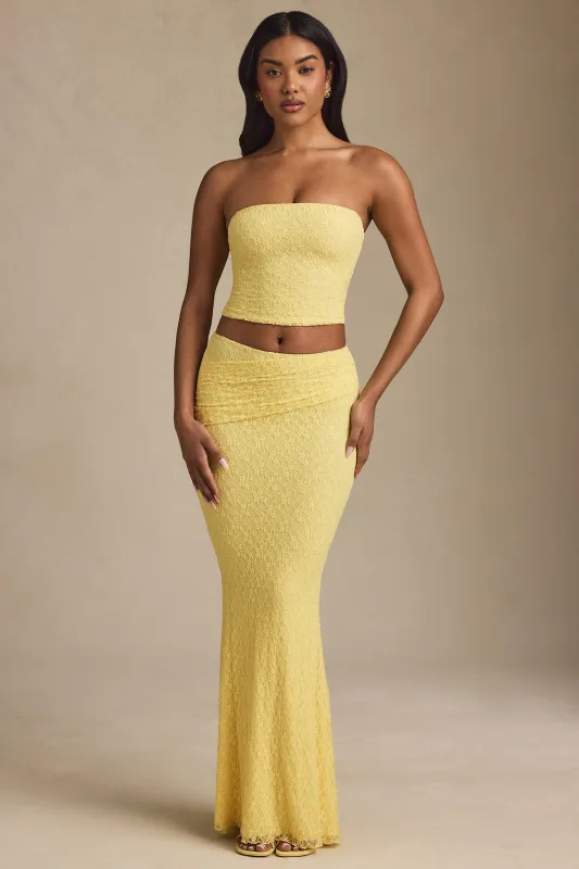 Draped Low-Rise Lace Maxi Skirt in Pastel Yellow sold by Oh Polly