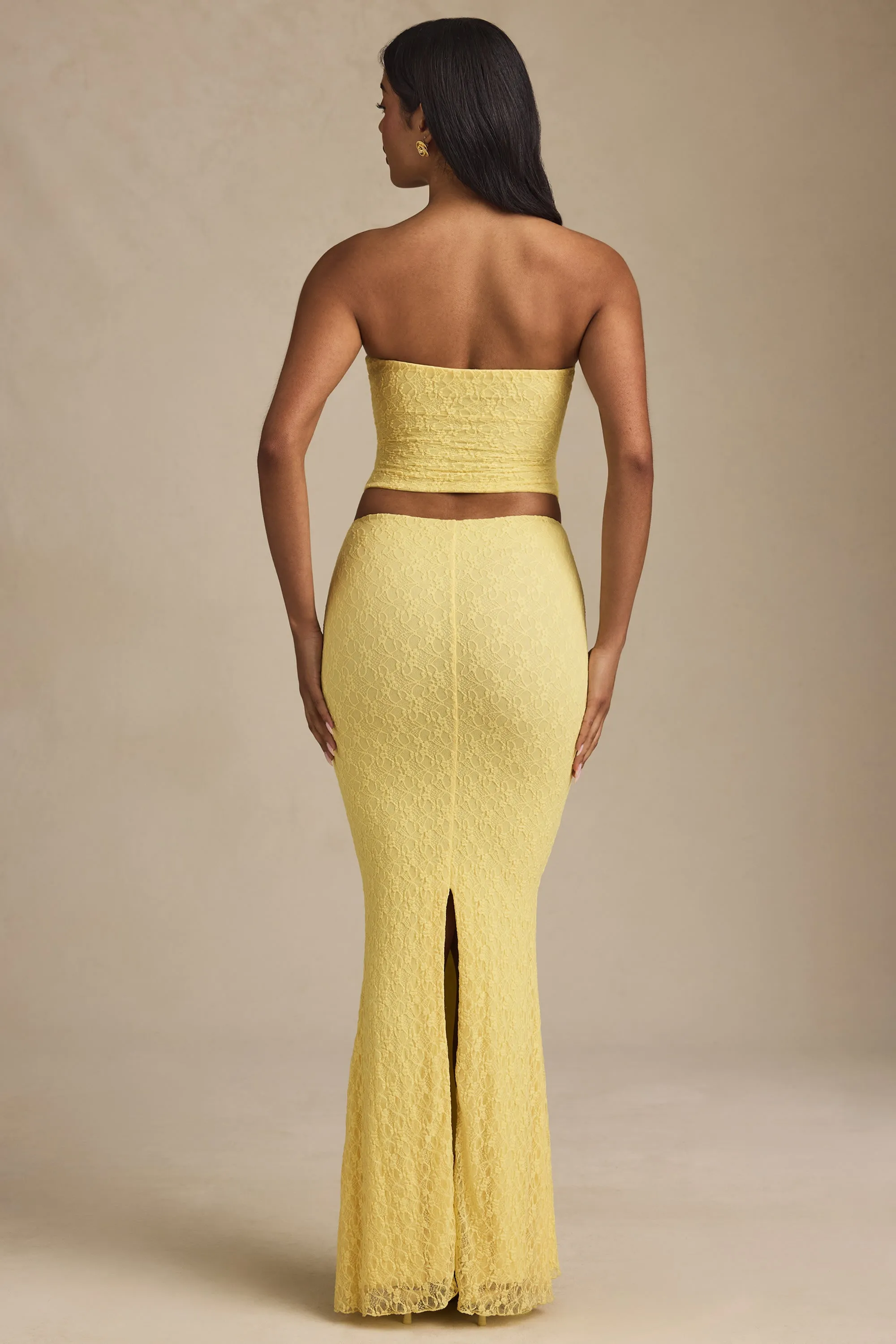 Draped Low-Rise Lace Maxi Skirt in Pastel Yellow sold by Oh Polly product image thumbnail 3