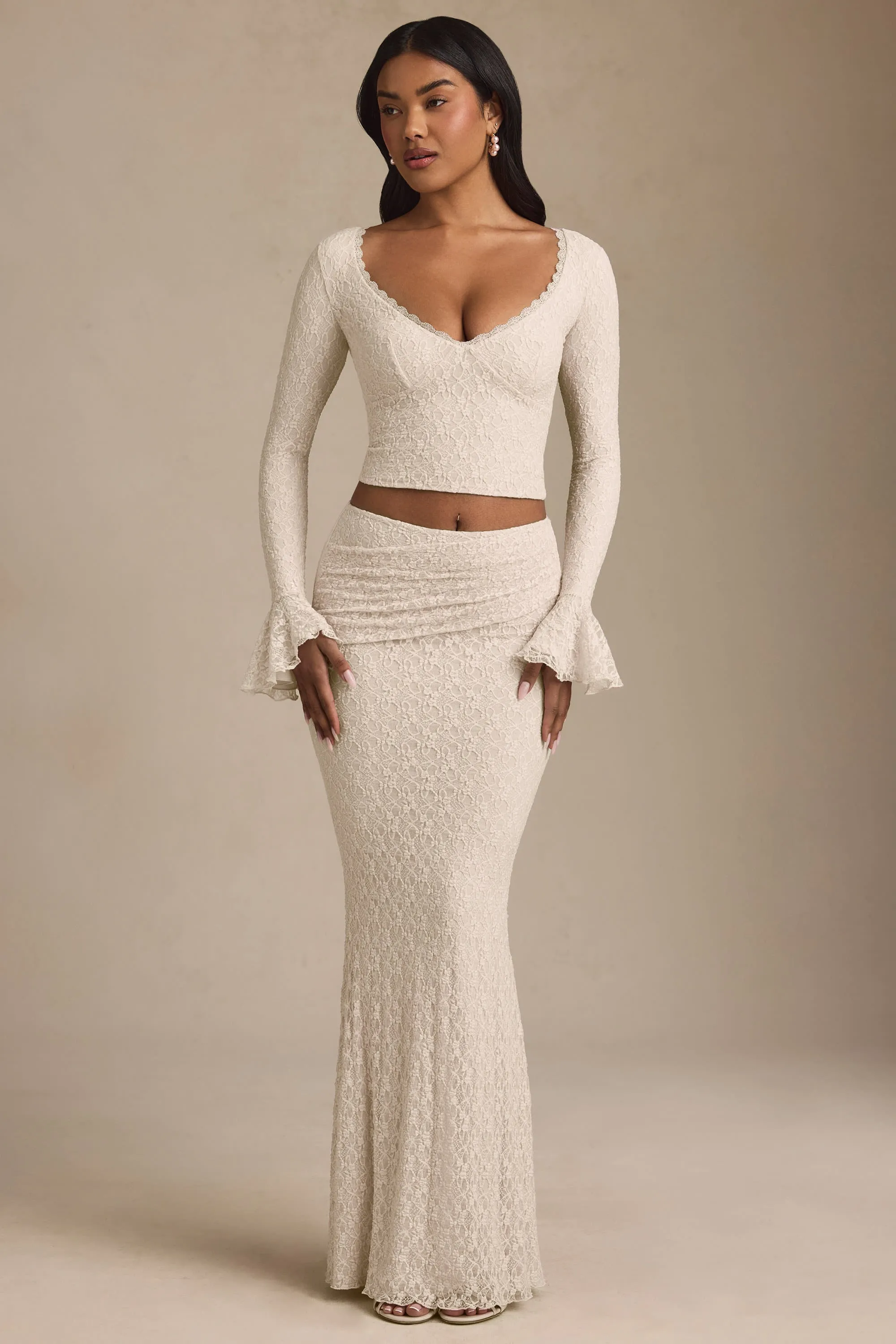 Draped Low-Rise Lace Maxi Skirt in Ivory sold by Oh Polly