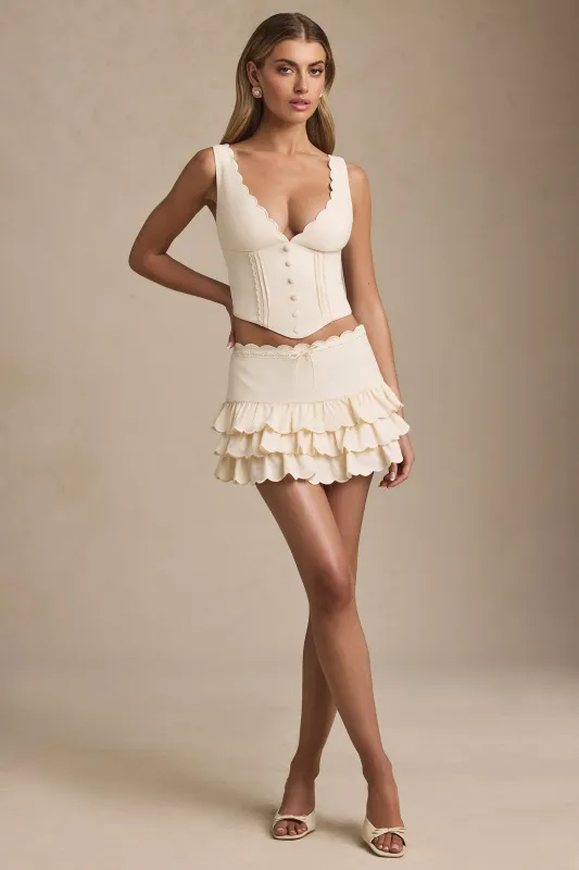 Layered Ruffled Low-Rise Mini Skirt in Ivory sold by Oh Polly