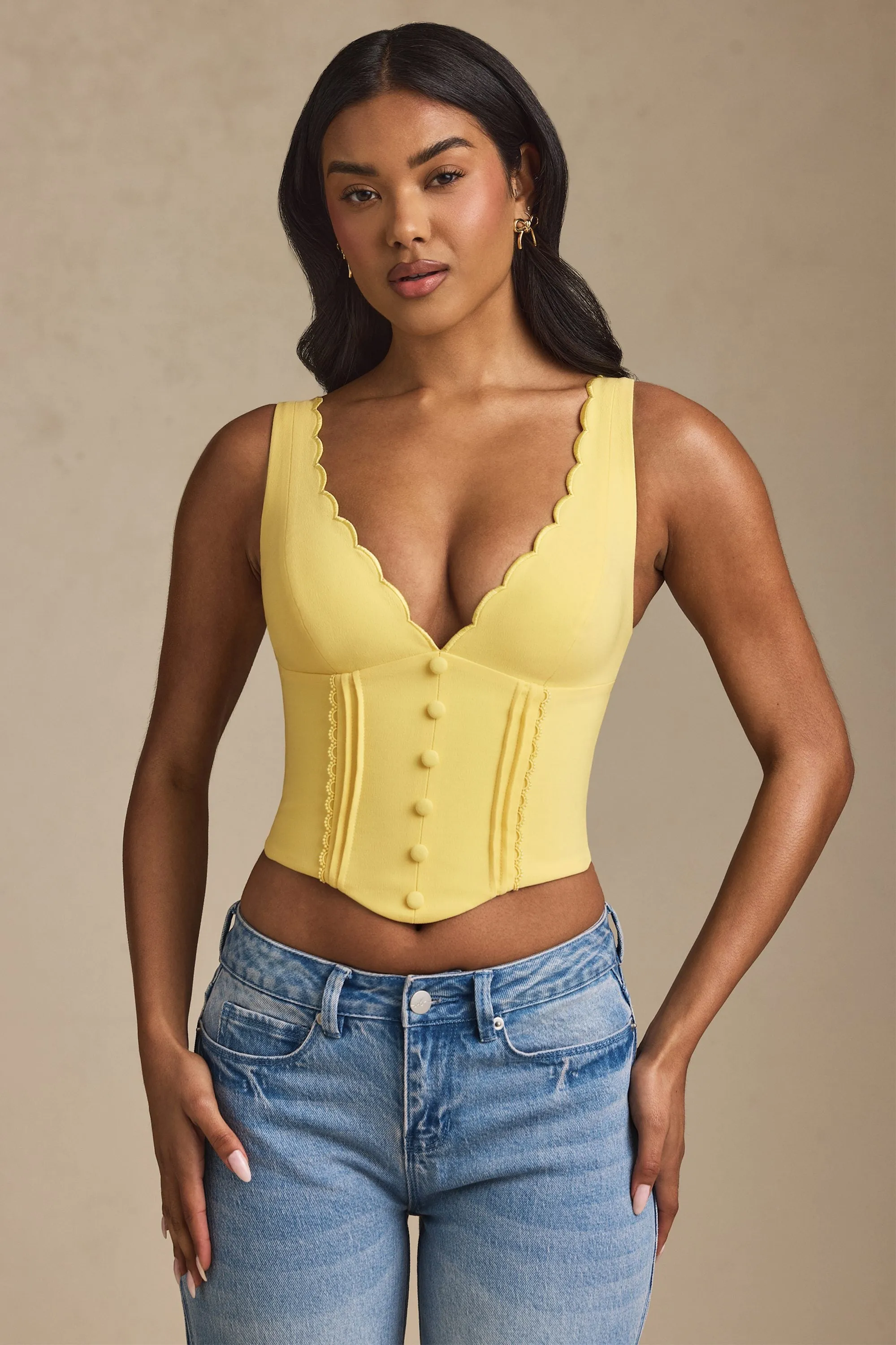 Plunge-Neck Scalloped Corset Top in Pastel Yellow sold by Oh Polly product image thumbnail 5