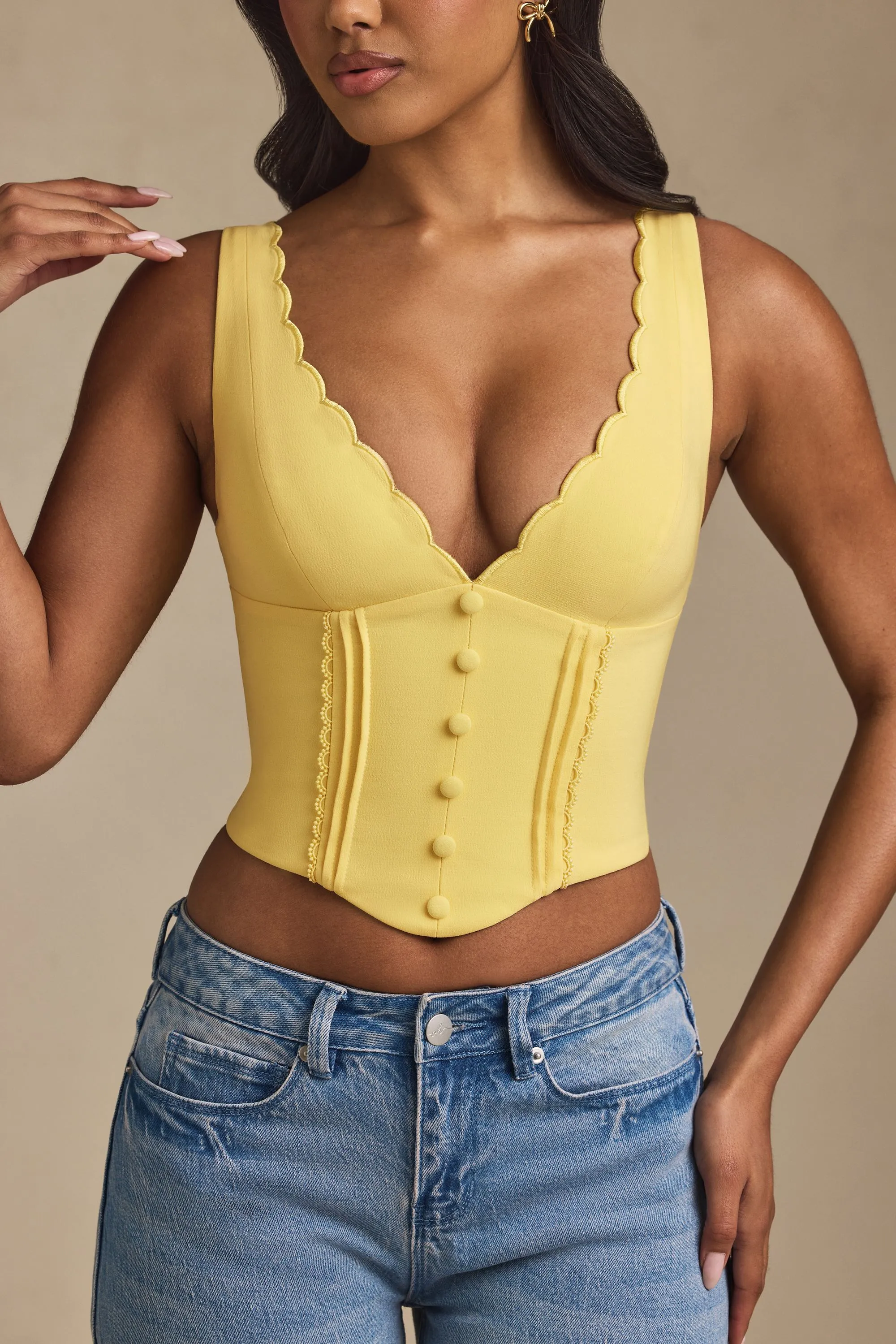Plunge-Neck Scalloped Corset Top in Pastel Yellow sold by Oh Polly product image thumbnail 4