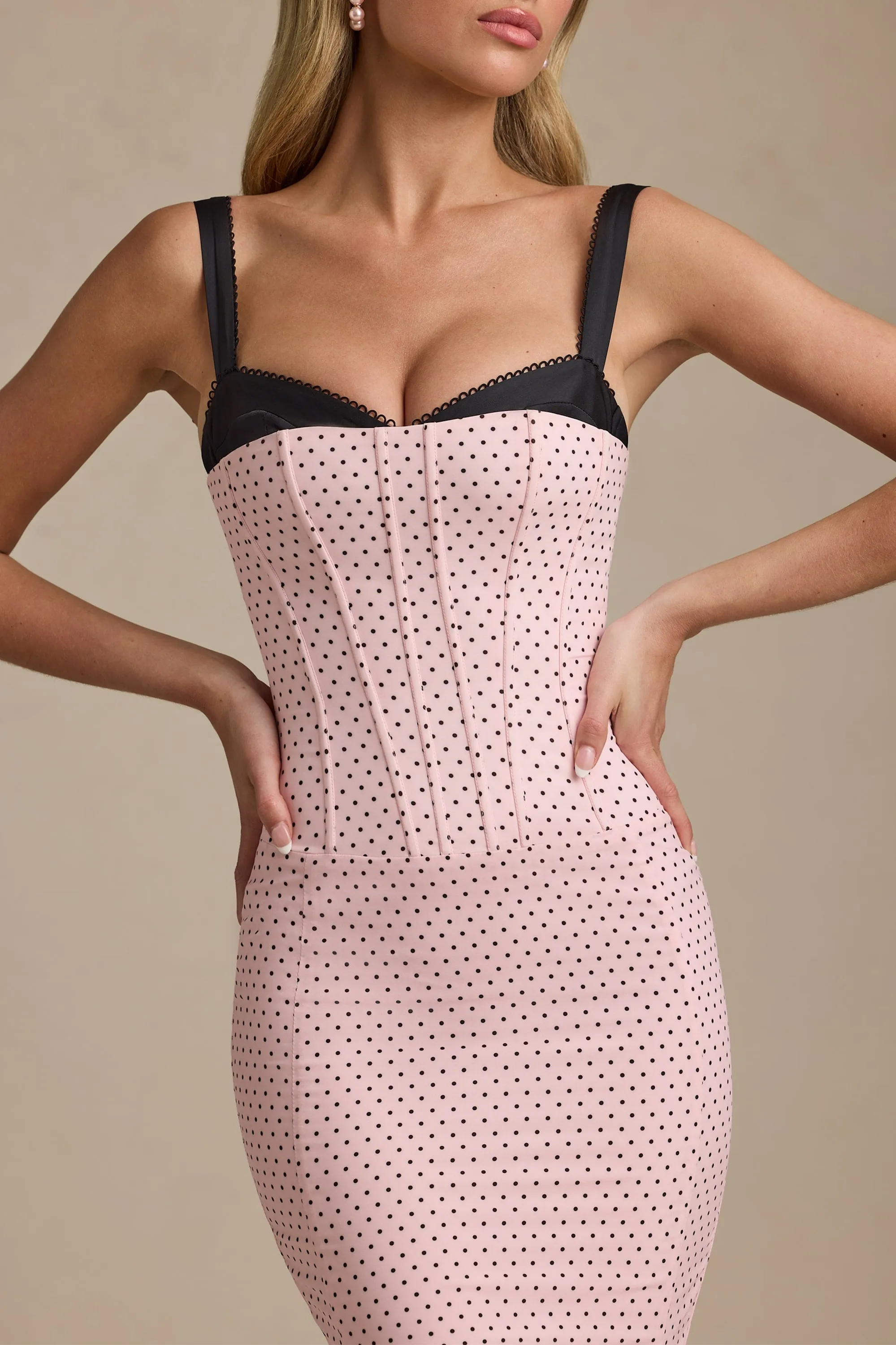 Layered Bra-Detail Fishtail Midaxi Dress in Pink Polka Dot sold by Oh Polly product image thumbnail 4