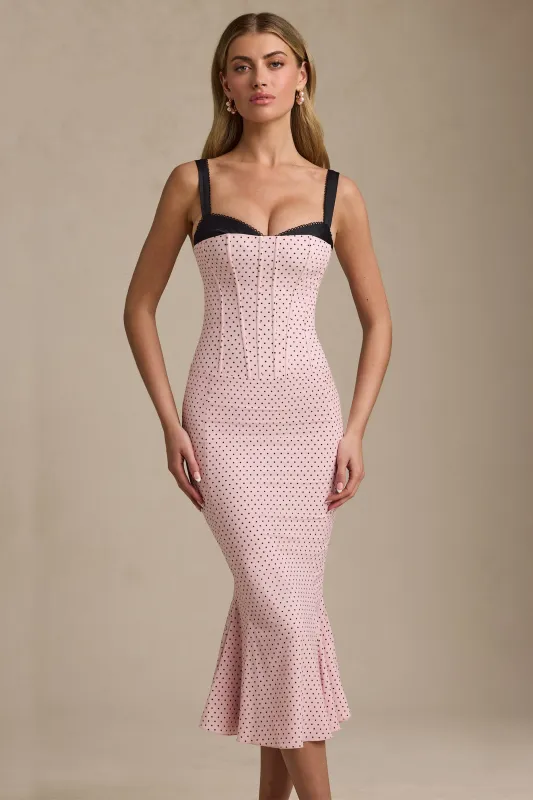 Layered Bra-Detail Fishtail Midaxi Dress in Pink Polka Dot sold by Oh Polly