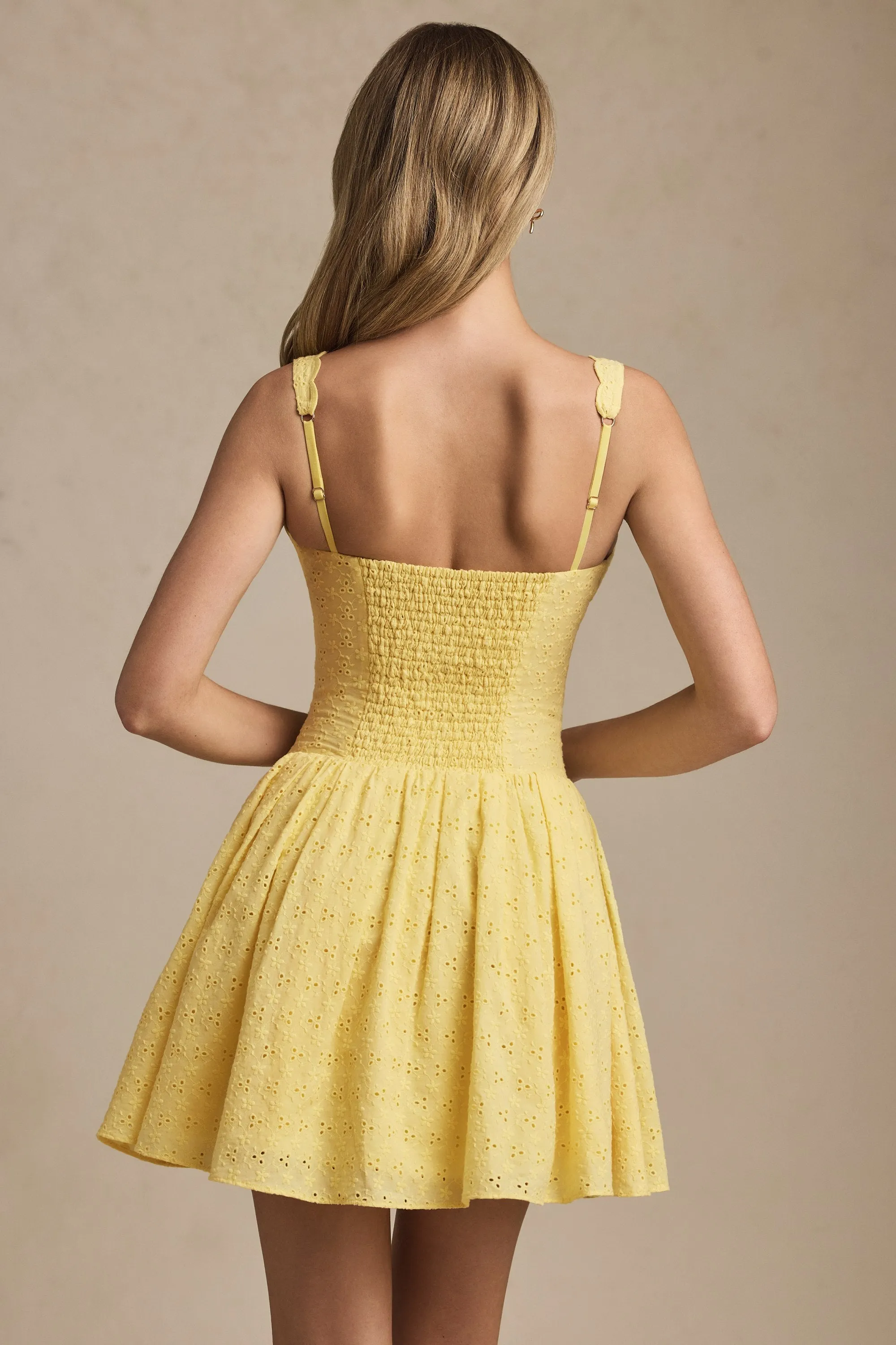 Broderie Anglaise Bow-Detail A-Line Mini Dress in Pastel Yellow sold by Oh Polly product image thumbnail 3