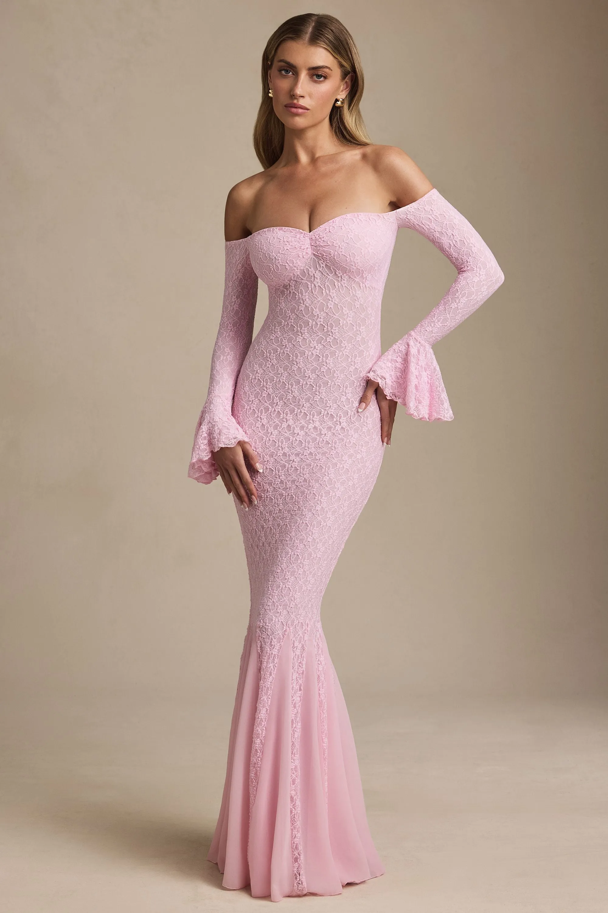Off-Shoulder Ruffle Lace Maxi Dress in Soft Pink sold by Oh Polly product image thumbnail 5