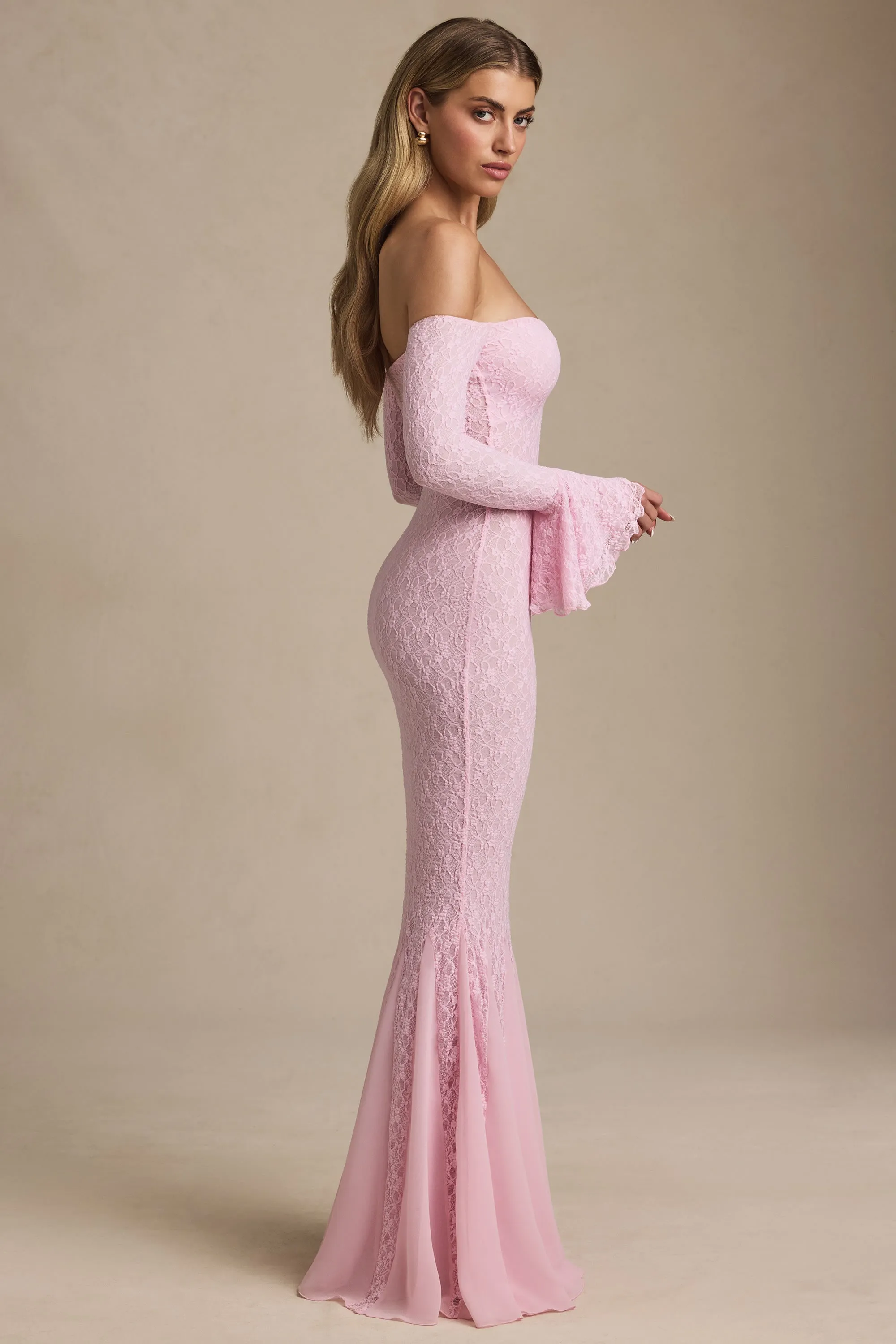 Off-Shoulder Ruffle Lace Maxi Dress in Soft Pink sold by Oh Polly product image thumbnail 3