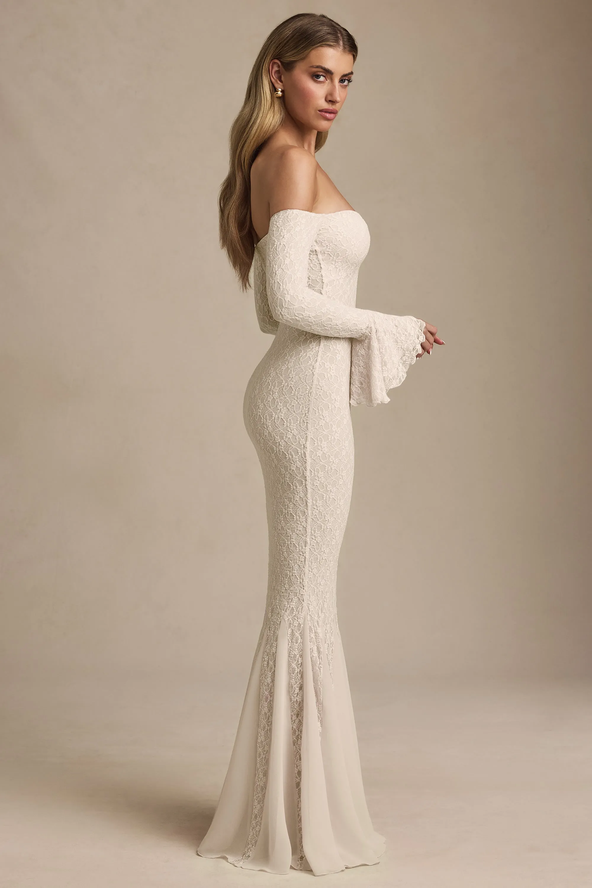 Off-Shoulder Ruffle Lace Maxi Dress in Ivory sold by Oh Polly product image thumbnail 3