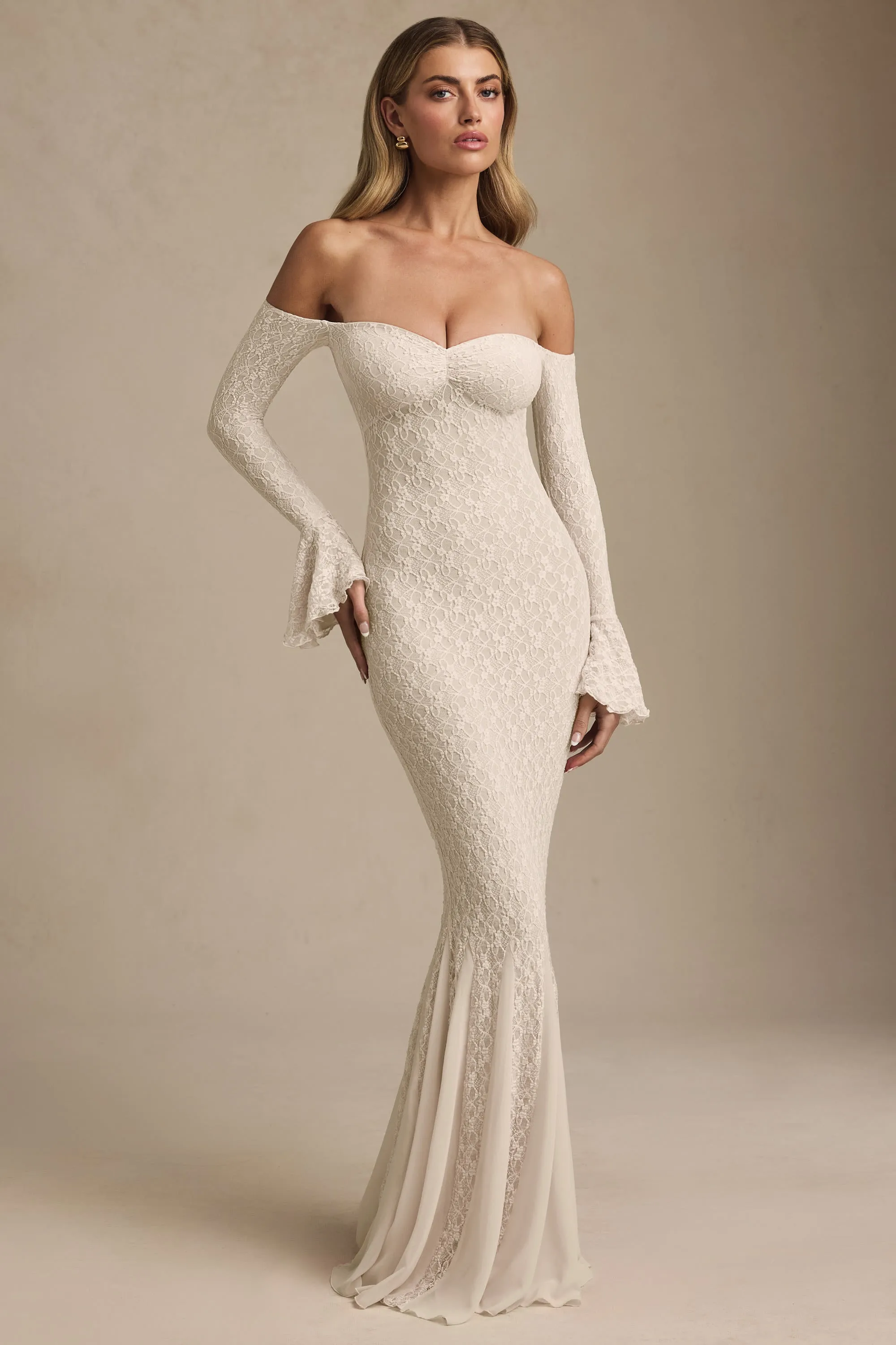 Off-Shoulder Ruffle Lace Maxi Dress in Ivory sold by Oh Polly product image thumbnail 5