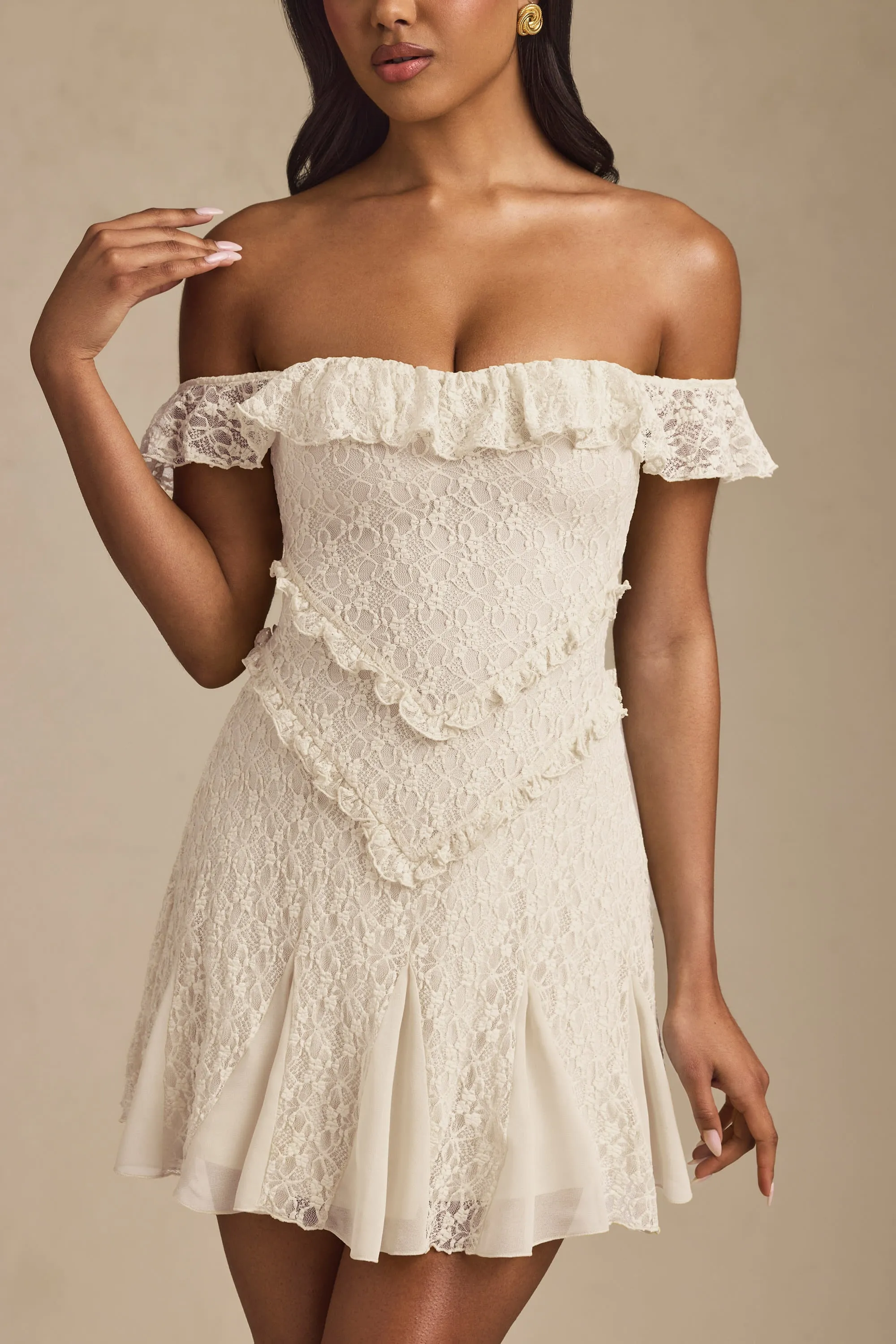 Off-Shoulder Lace A-Line Mini Dress in Ivory sold by Oh Polly product image thumbnail 4