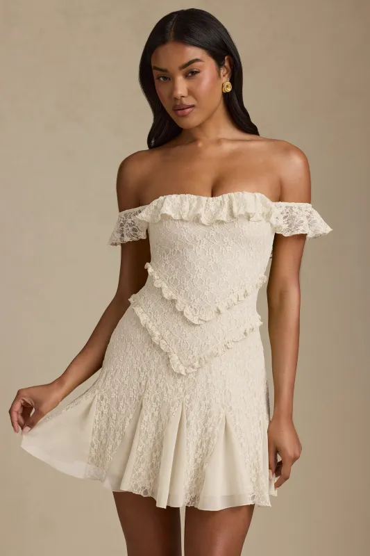 Off-Shoulder Lace A-Line Mini Dress in Ivory sold by Oh Polly