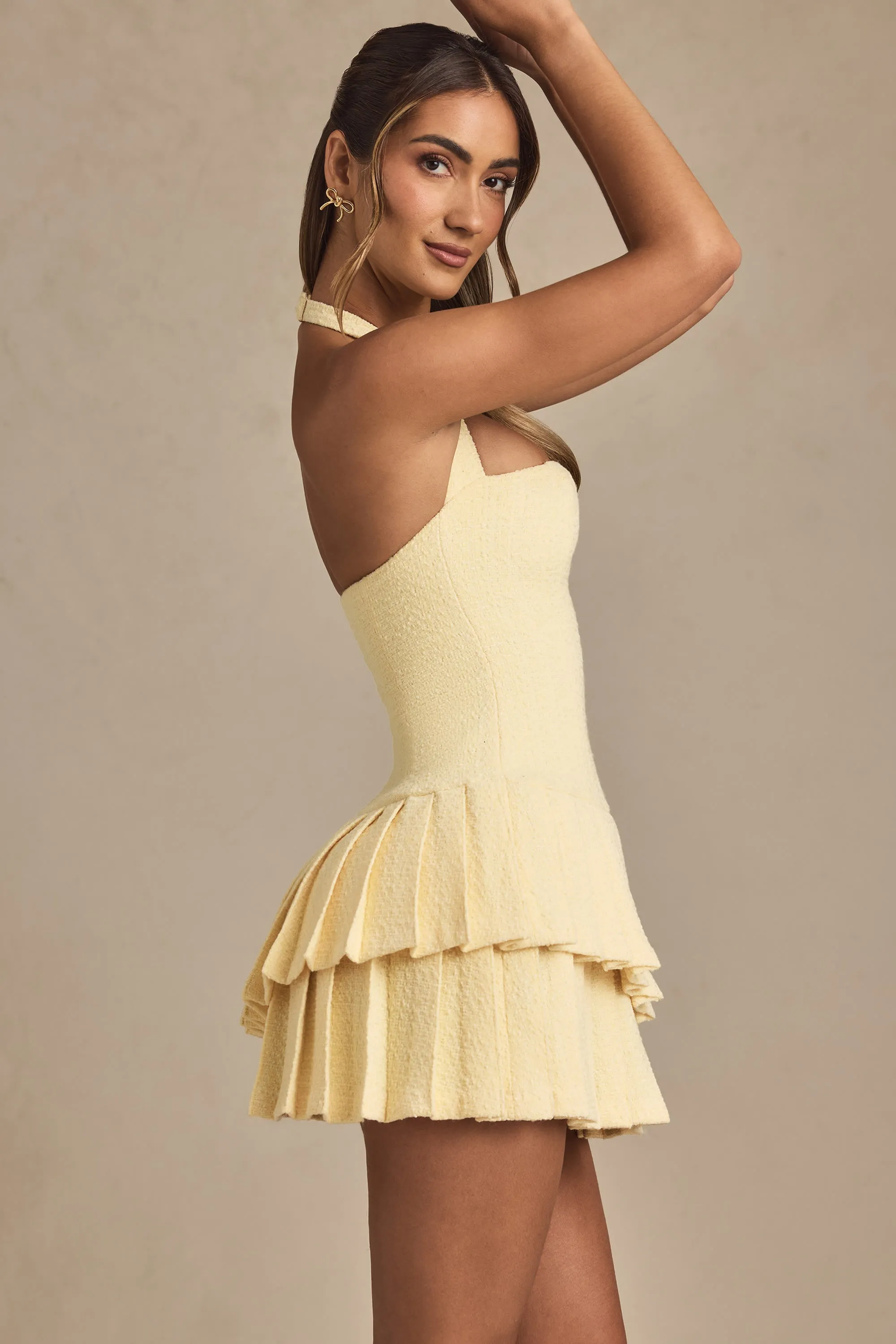 Asymmetric Layered Halterneck Mini Dress in Pastel Yellow sold by Oh Polly product image thumbnail 3