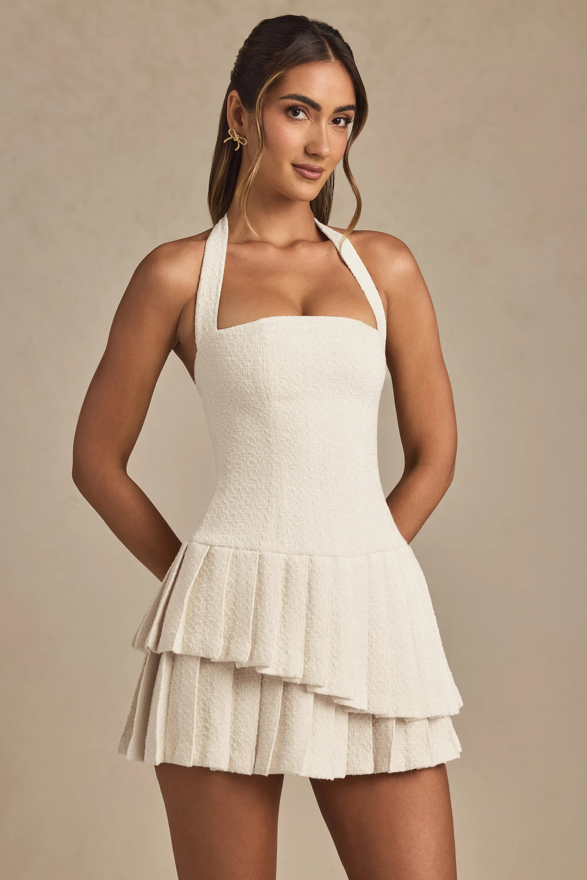 Asymmetric Layered Halterneck Mini Dress in Ivory sold by Oh Polly