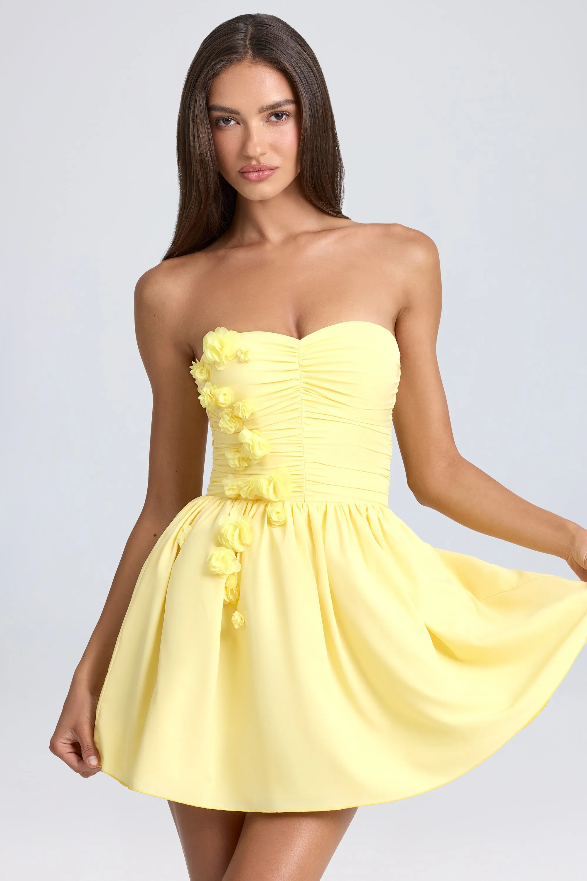 Bandeau Floral-Appliqué Corset Mini Dress in Lemon Sherbet sold by Oh Polly