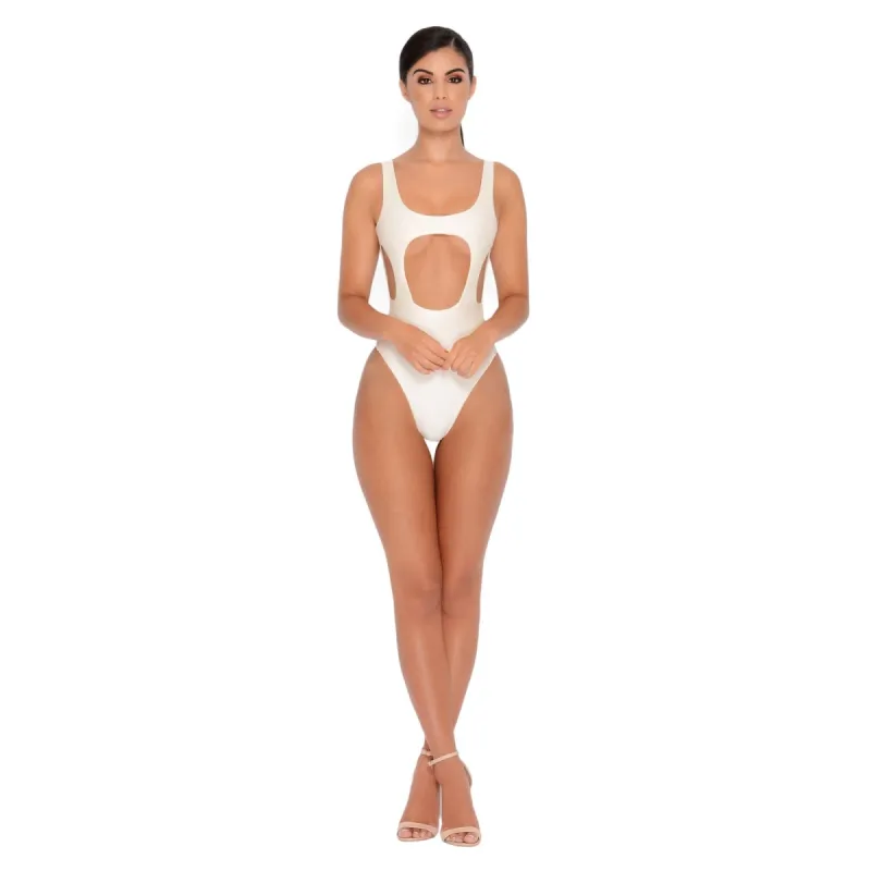 Hole In One Cut Out High Leg Swimsuit in Ivory sold by Oh Polly