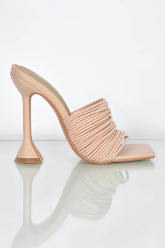 Through The Wire Multi Strap Mule Heels in Nude sold by Oh Polly