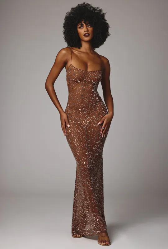 Sheer Embellished Scoop Neck Evening Gown in Mocha sold by Oh Polly