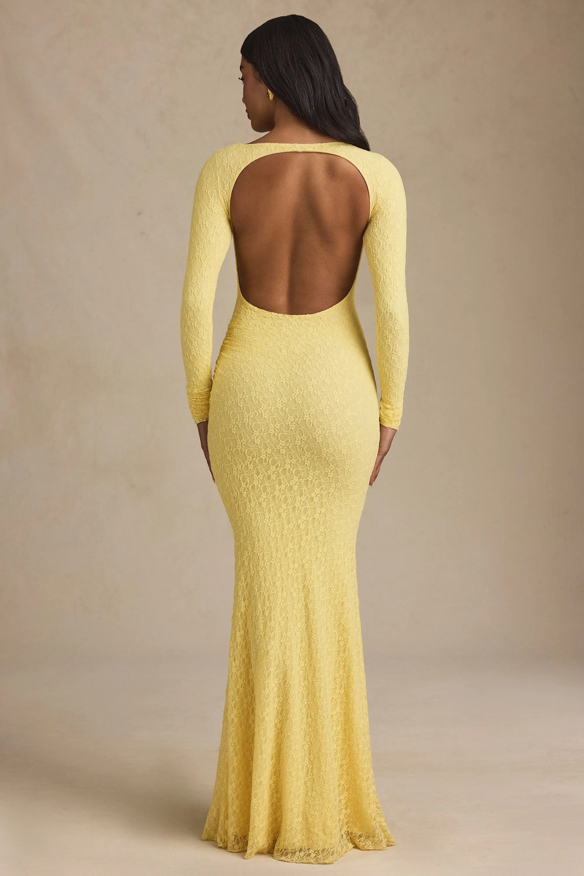 Ruched Backless Lace Maxi Dress in Pastel Yellow sold by Oh Polly product image thumbnail 5