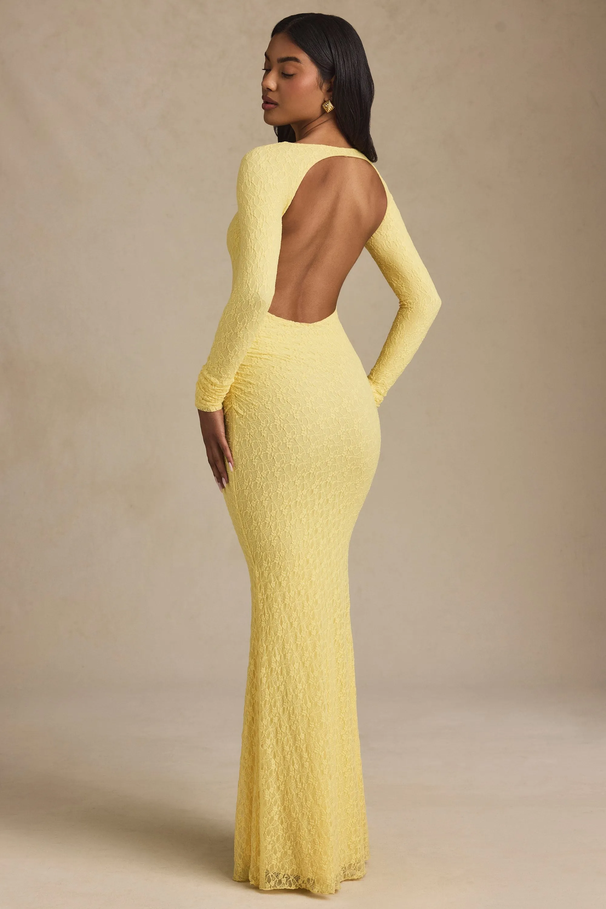 Ruched Backless Lace Maxi Dress in Pastel Yellow sold by Oh Polly product image thumbnail 2