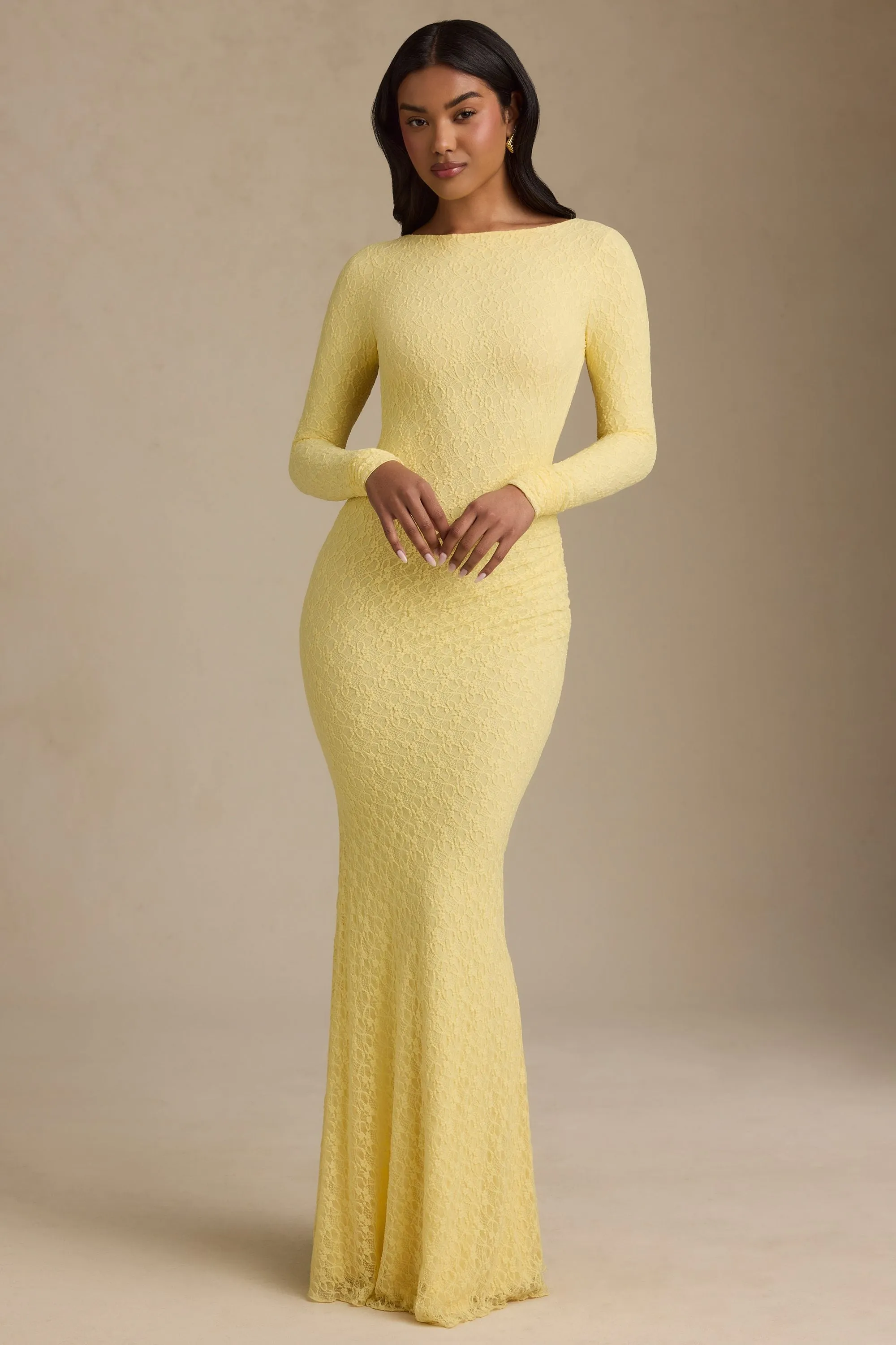 Ruched Backless Lace Maxi Dress in Pastel Yellow sold by Oh Polly