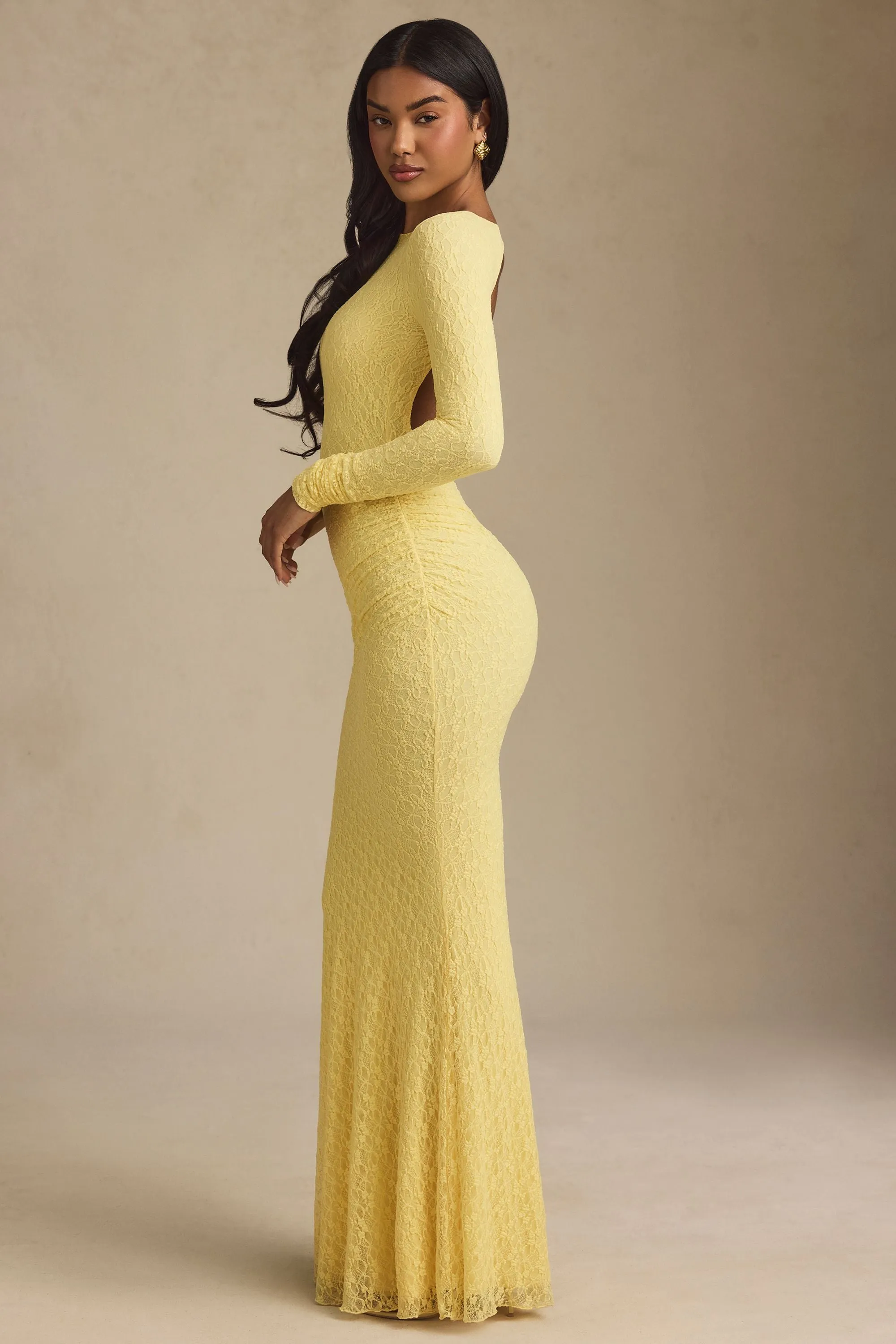 Ruched Backless Lace Maxi Dress in Pastel Yellow sold by Oh Polly product image thumbnail 3
