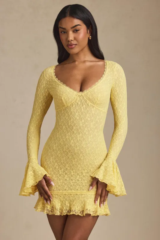 Long-Sleeve Ruffled Lace Mini Dress in Pastel Yellow sold by Oh Polly